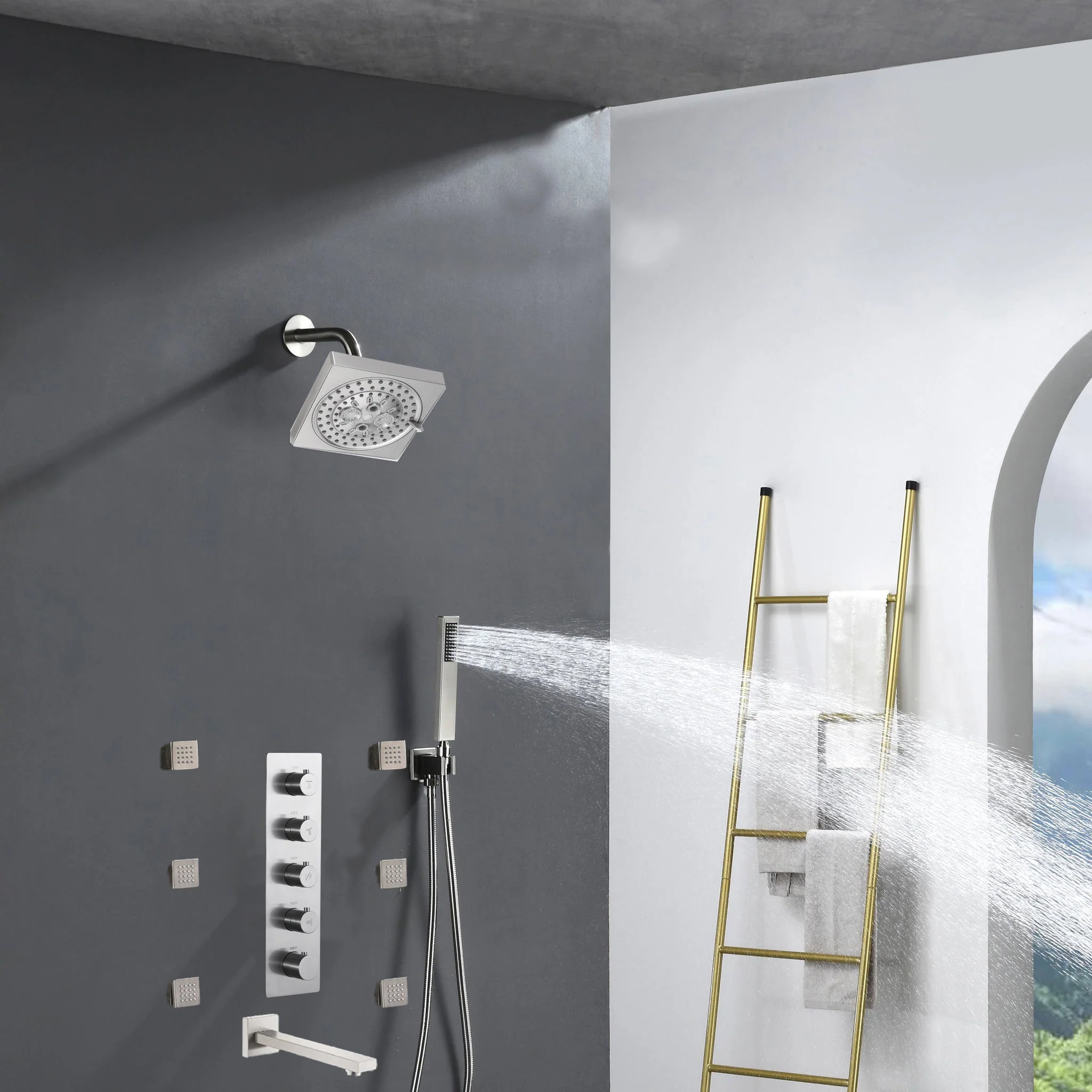 6" Regular Shower Head  - 4-Way  Thermostatic System with 6 jets and tub spout - Image 4