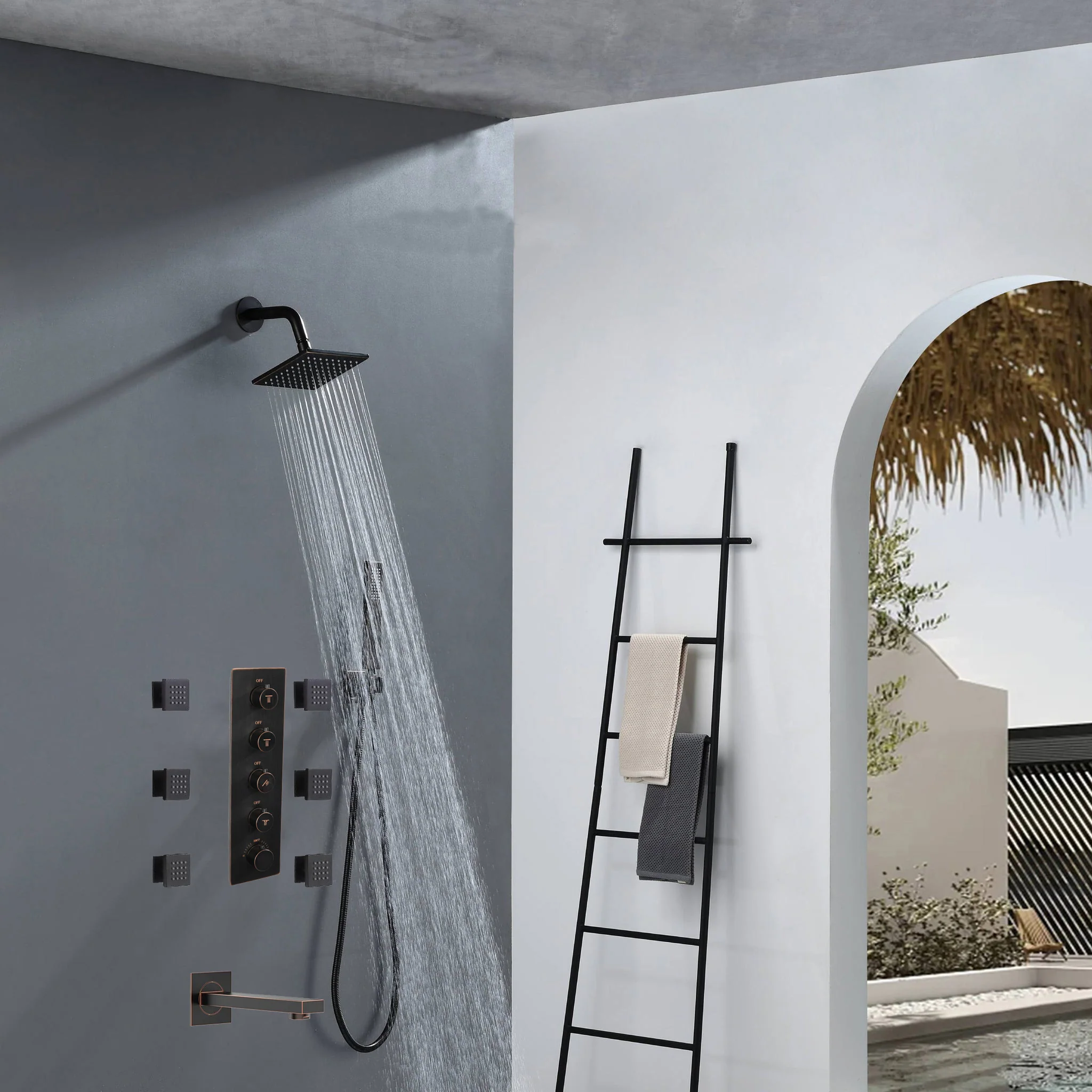 6" Regular Shower Head  - 4-Way  Thermostatic System with 6 jets and tub spout - Image 5