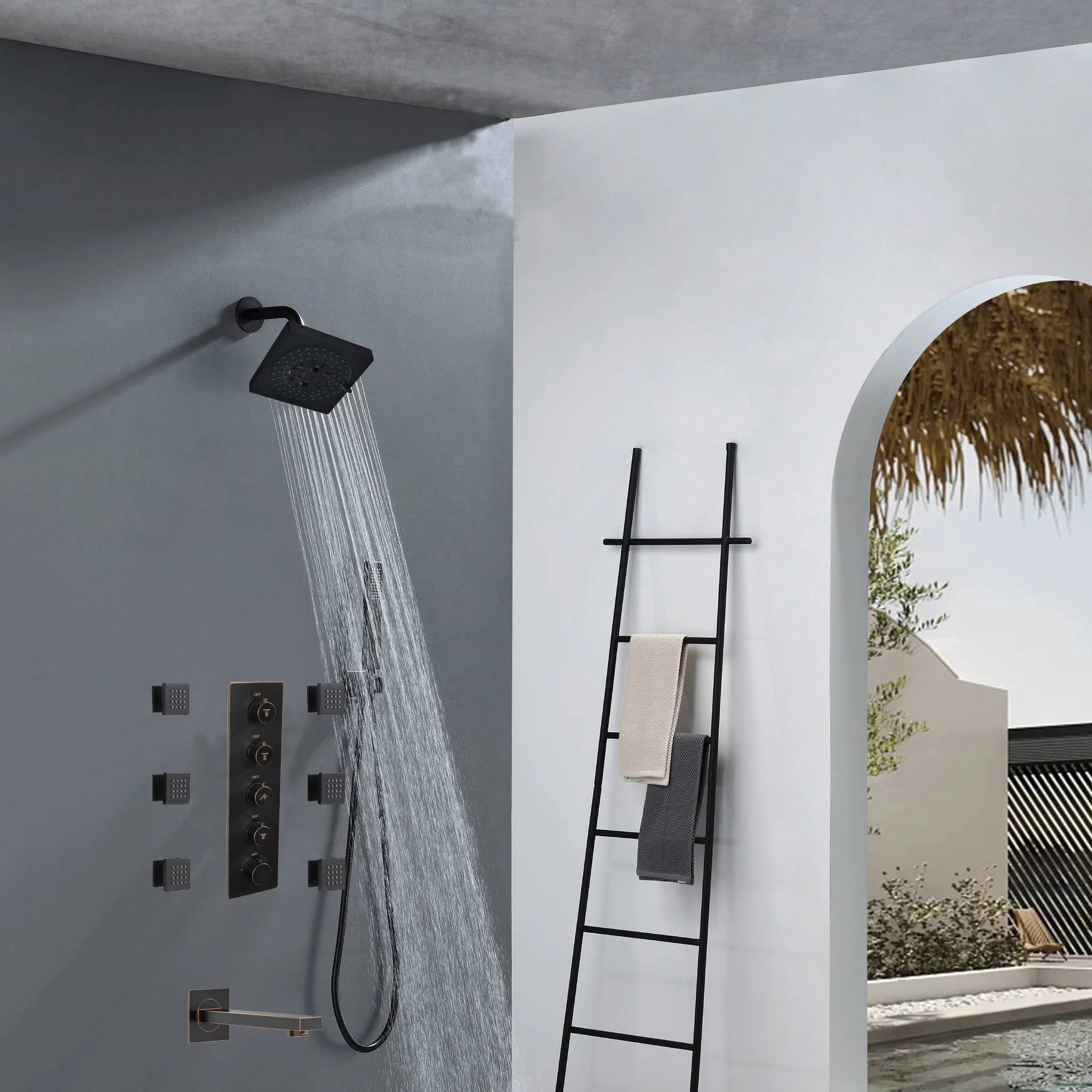 6" Regular Shower Head  - 4-Way  Thermostatic System with 6 jets and tub spout - Image 6