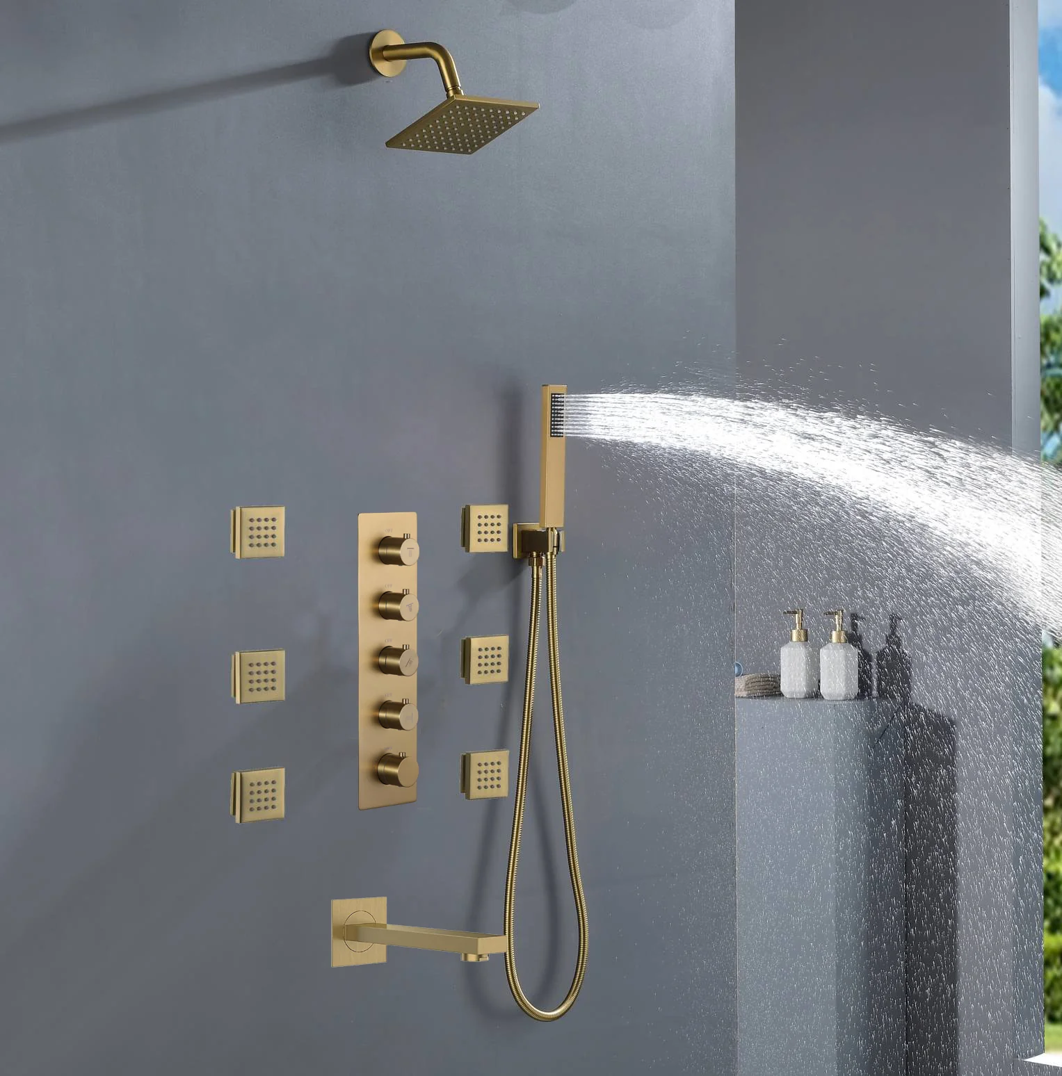 6" Regular Shower Head  - 4-Way  Thermostatic System with 6 jets and tub spout - Image 7