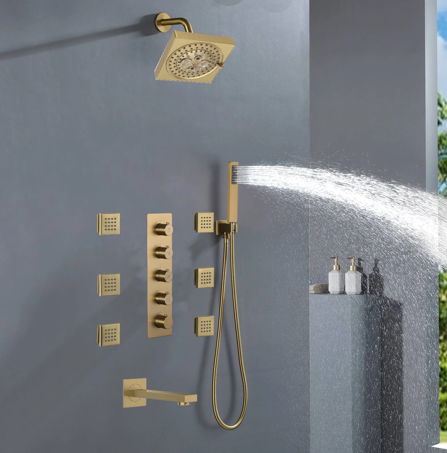 6" Regular Shower Head  - 4-Way  Thermostatic System with 6 jets and tub spout - Image 8