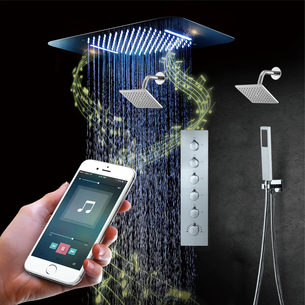 64 LED colors chrome music led flushed in 23x15inch shower head 5 or 6 way thermostatic faucet with dual regular heads - Image 3
