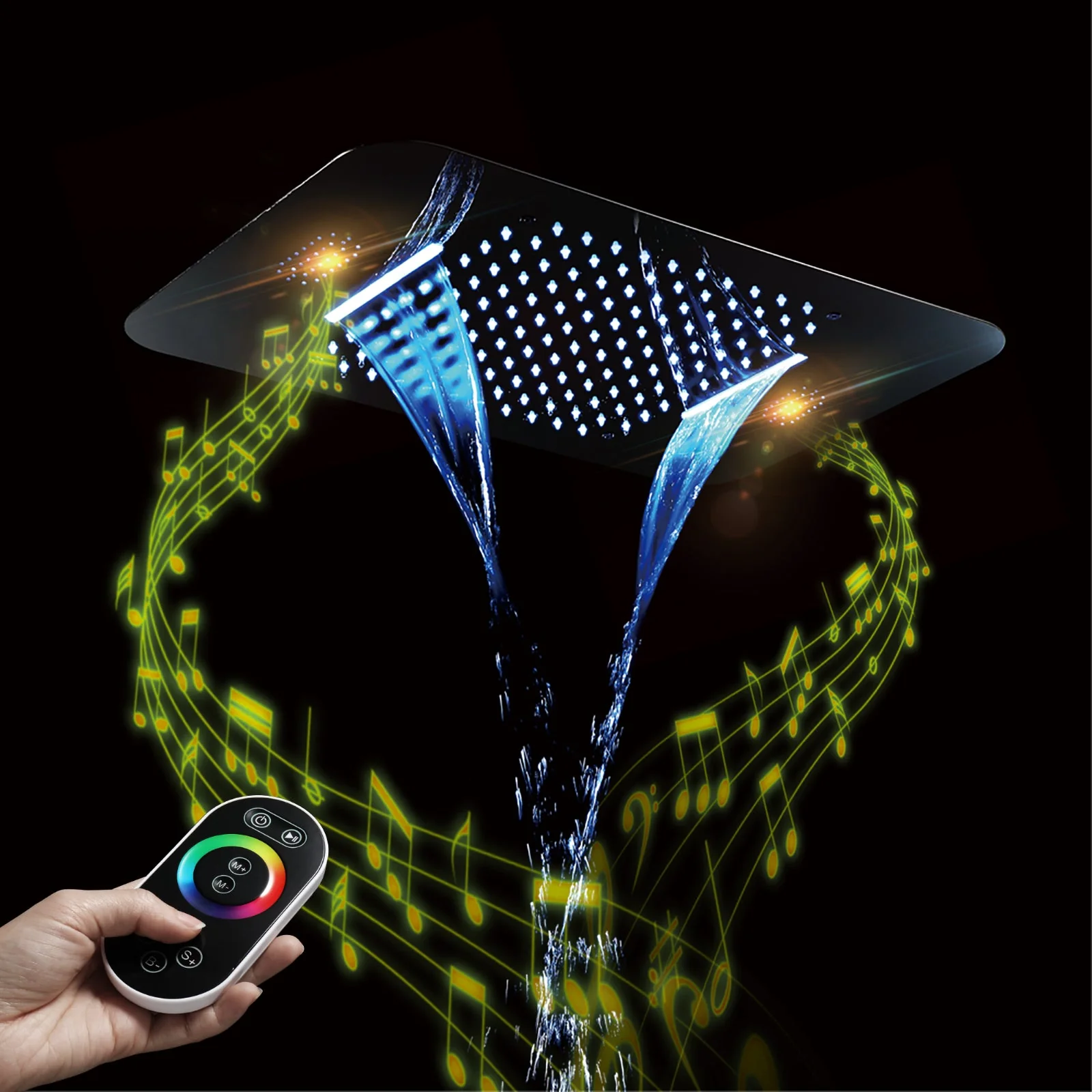 64 LED colors chrome music led flushed in 23x15inch shower head 3 way thermostatic Shower Faucet that each function run at the same time and separately - Image 11
