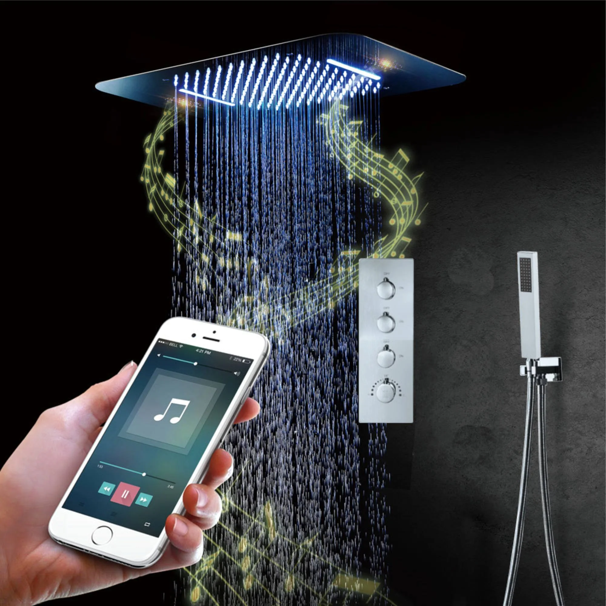 64 LED colors chrome music led flushed in 23x15inch shower head 3 way thermostatic Shower Faucet that each function run at the same time and separately - Image 2