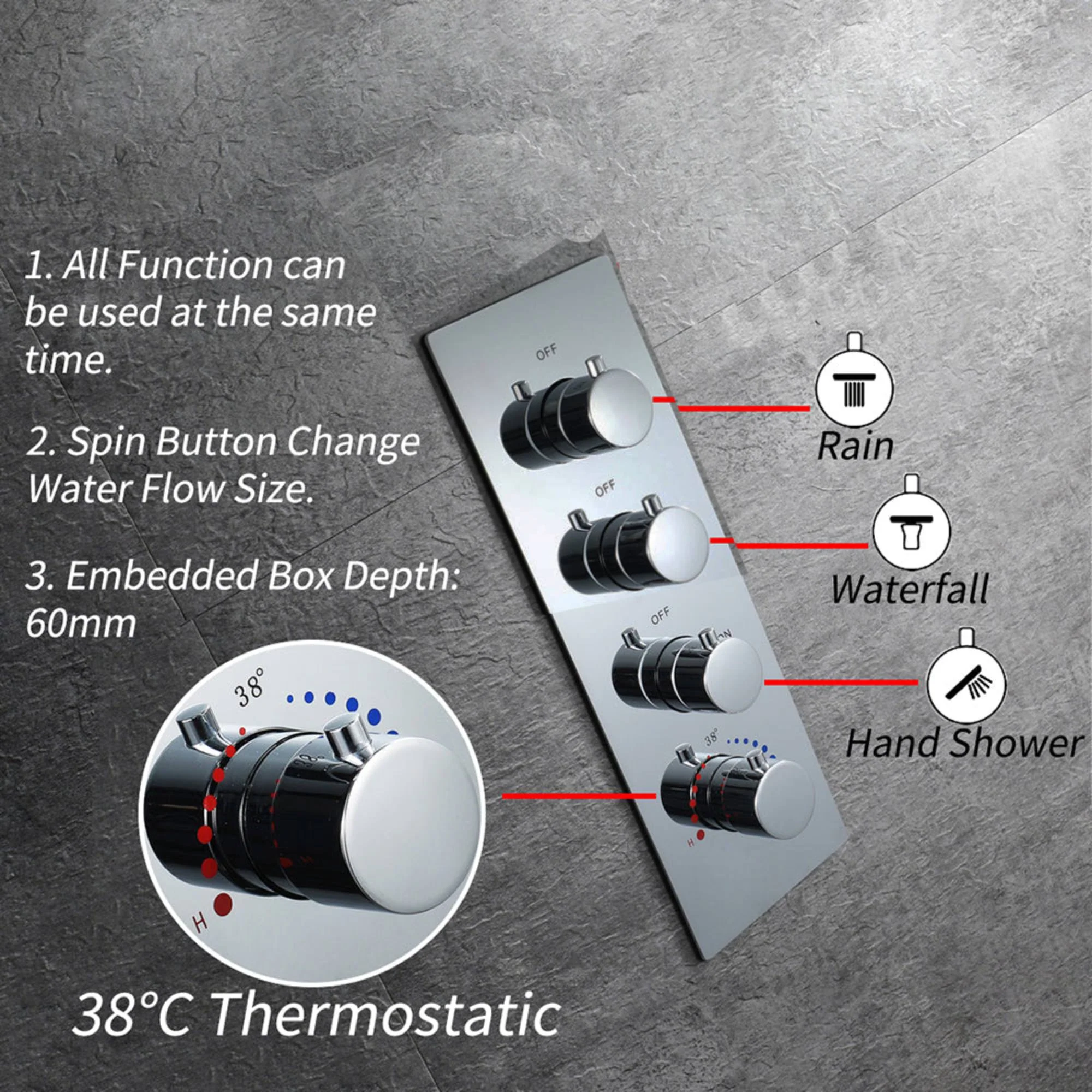 64 LED colors chrome music led flushed in 23x15inch shower head 3 way thermostatic Shower Faucet that each function run at the same time and separately - Image 4