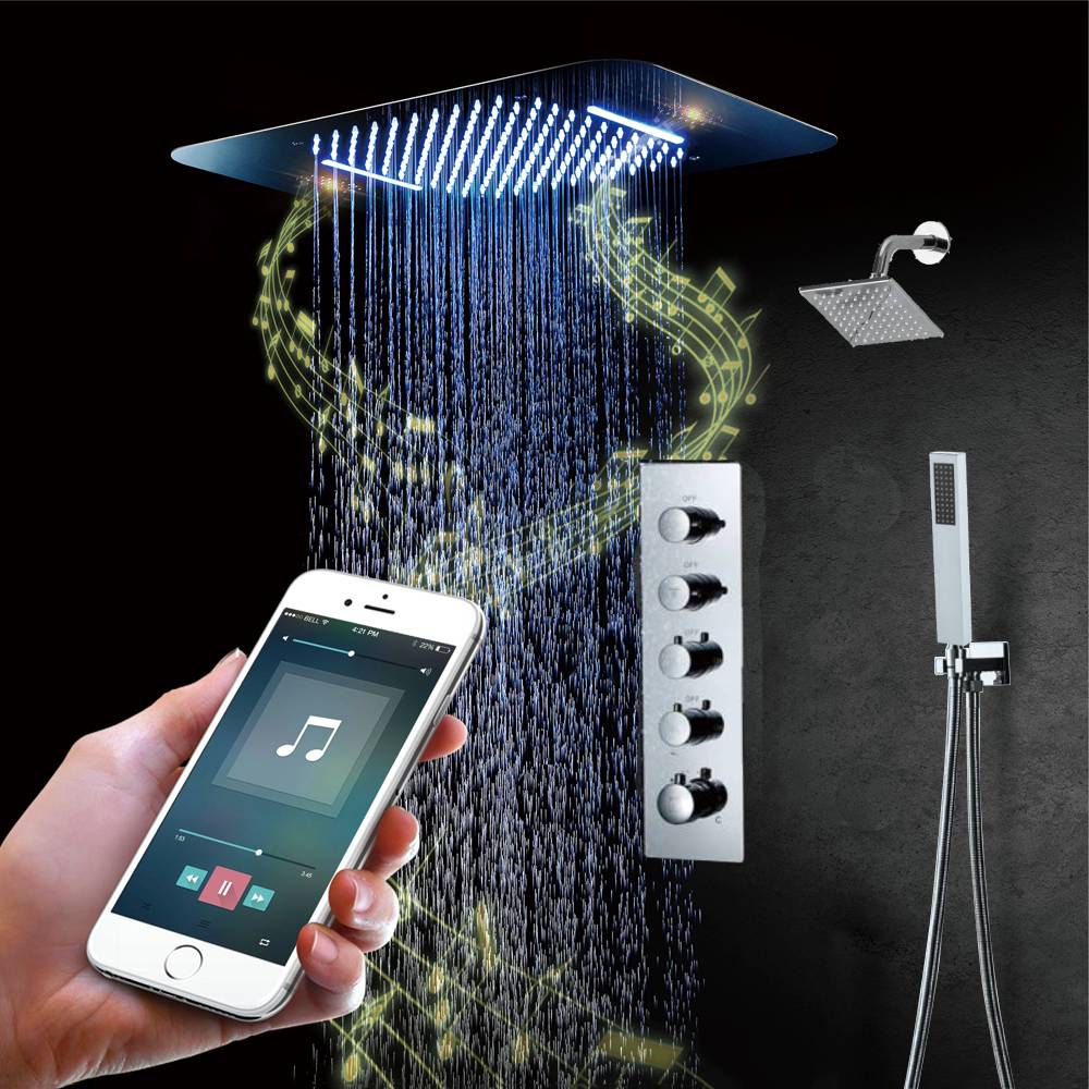 64 LED colors chrome music led flushed in 23x15inch shower head 4 way thermostatic valve that each function run at the same time and separately - Image 2