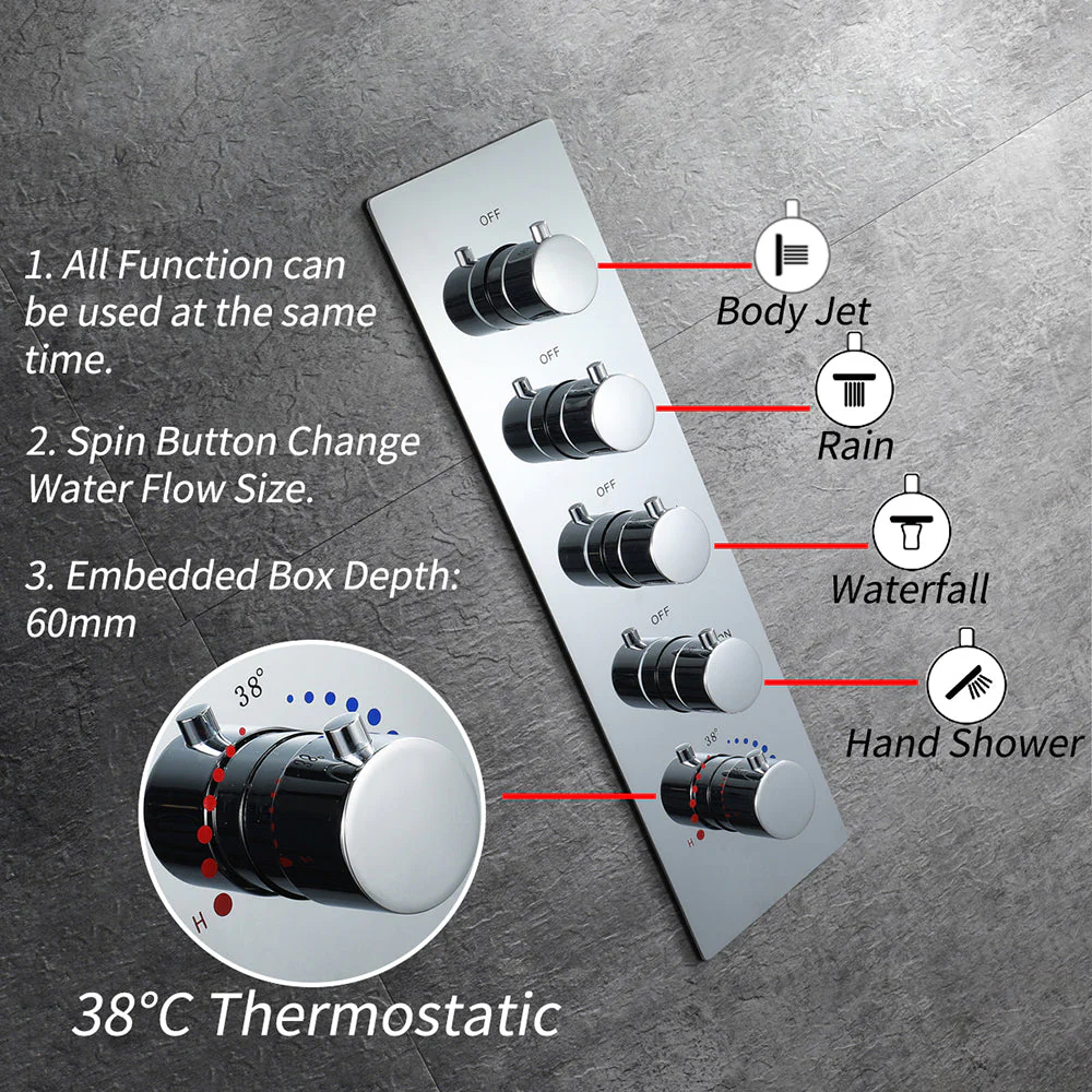64 LED colors chrome music led flushed in 23x15inch shower head 4 way thermostatic valve that each function run at the same time and separately - Image 7
