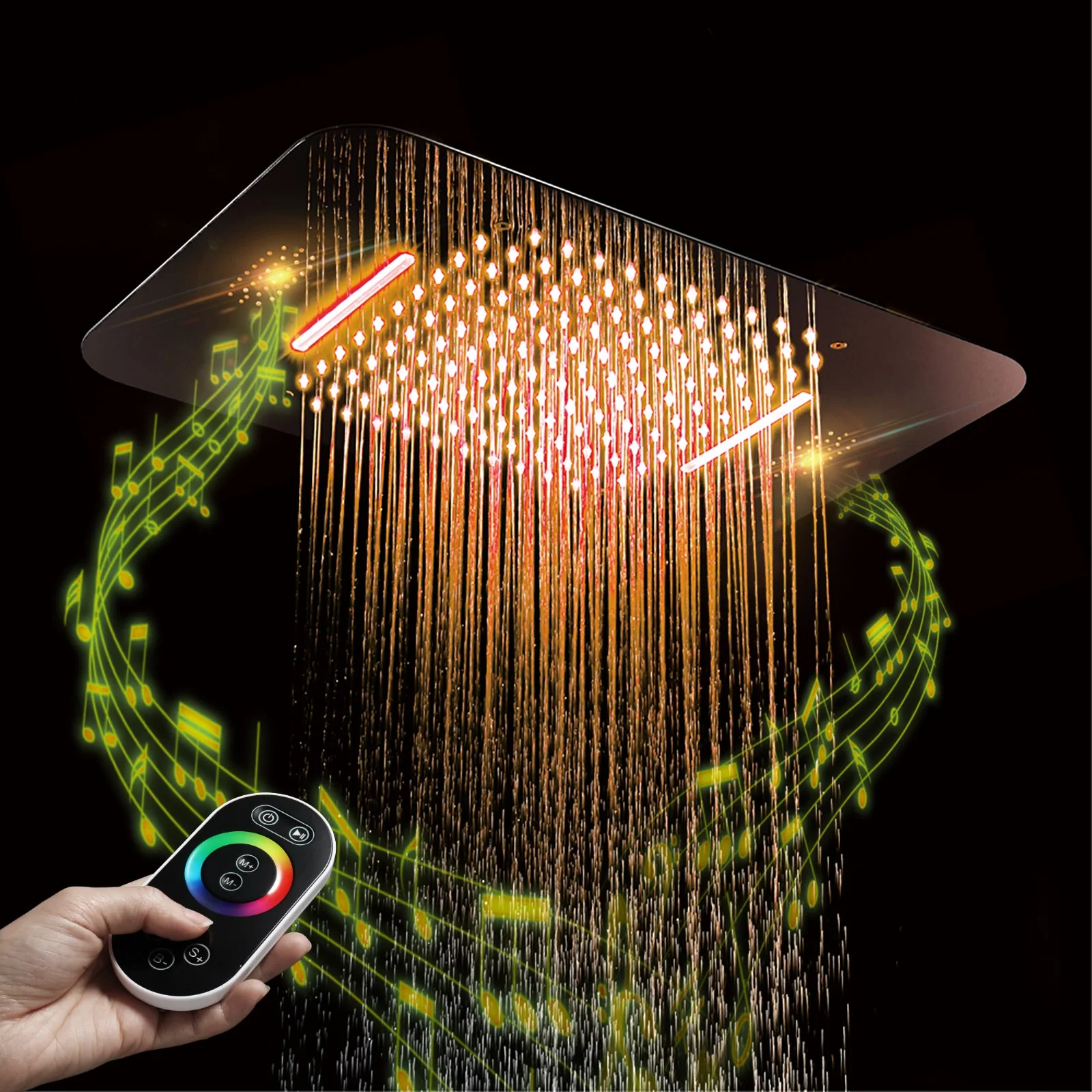 64 LED colors chrome music led flushed in 23x15inch shower head 4 way thermostatic valve that each function run at the same time and separately - Image 8