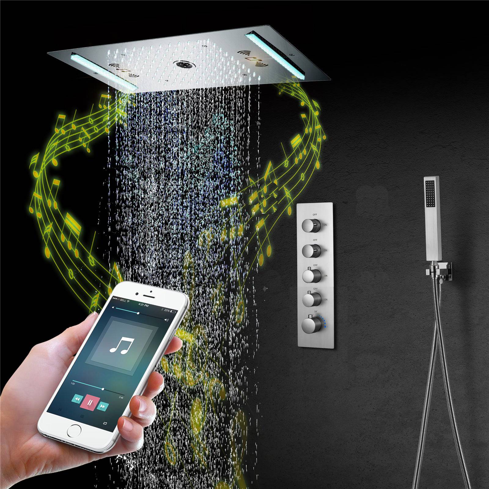 64 LED colors music led flushed in 24x12 inch 3 functions shower head 4 way thermostatic shower faucet ,4 finish colors options - Image 12