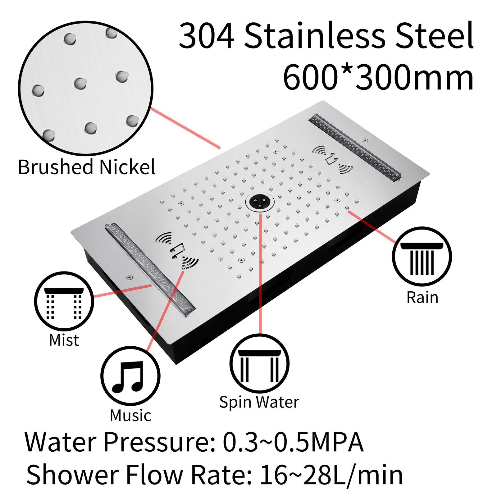 64 LED colors music led flushed in 24x12 inch 3 functions shower head 4 way thermostatic shower faucet ,4 finish colors options - Image 14