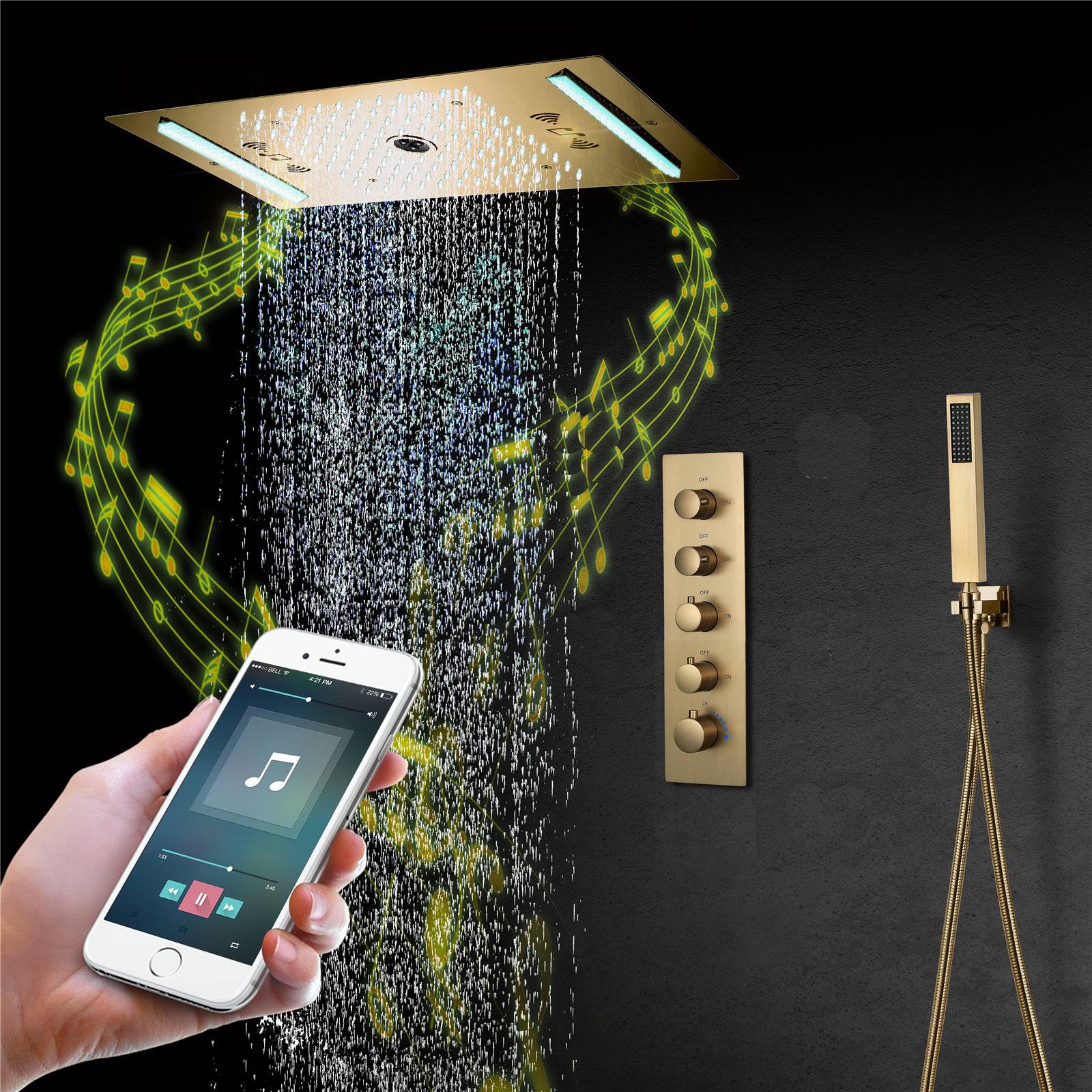 64 LED colors music led flushed in 24x12 inch 3 functions shower head 4 way thermostatic shower faucet ,4 finish colors options - Image 16
