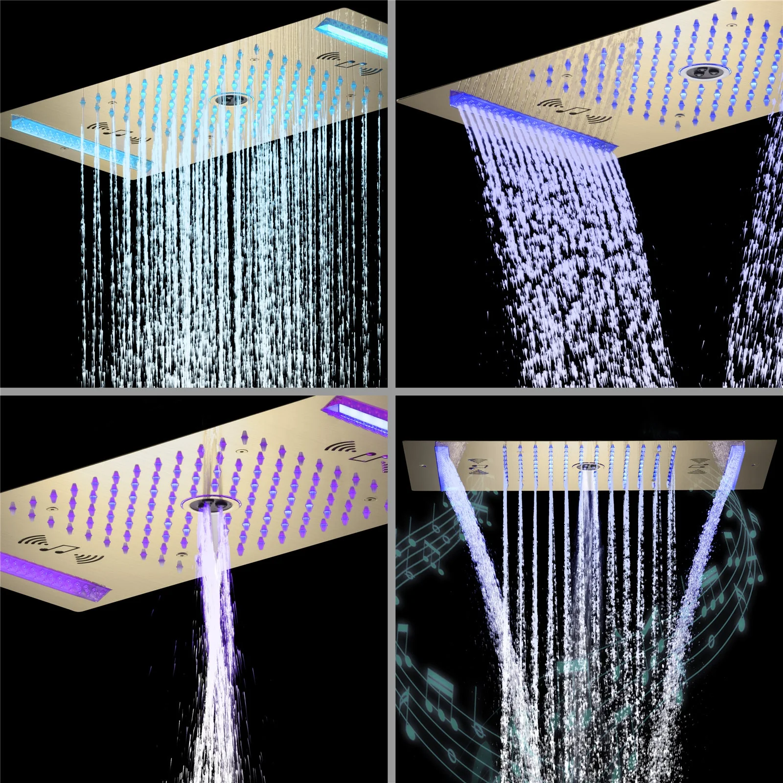 64 LED colors music led flushed in 24x12 inch 3 functions shower head 4 way thermostatic shower faucet ,4 finish colors options - Image 17