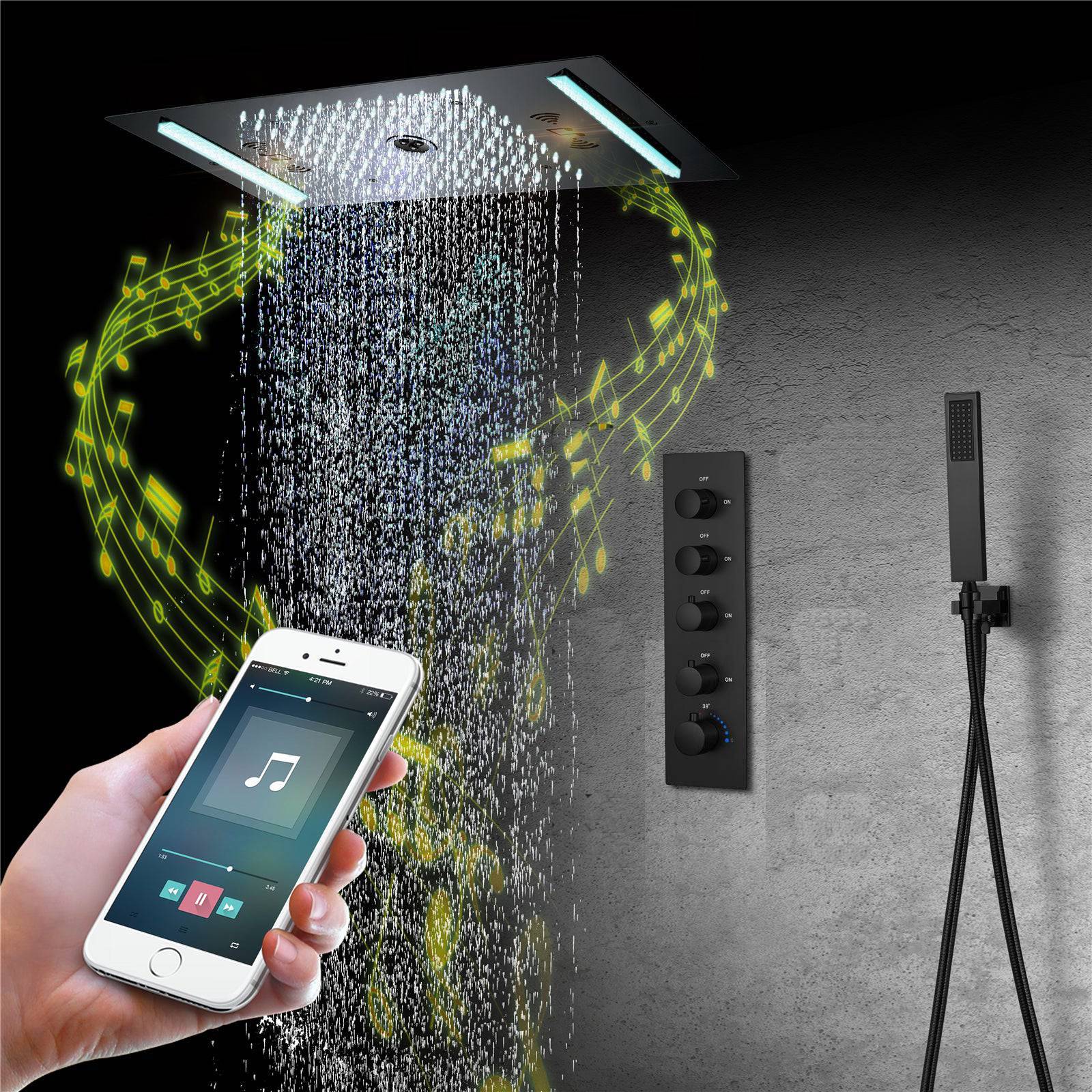 64 LED colors music led flushed in 24x12 inch 3 functions shower head 4 way thermostatic shower faucet ,4 finish colors options - Image 6