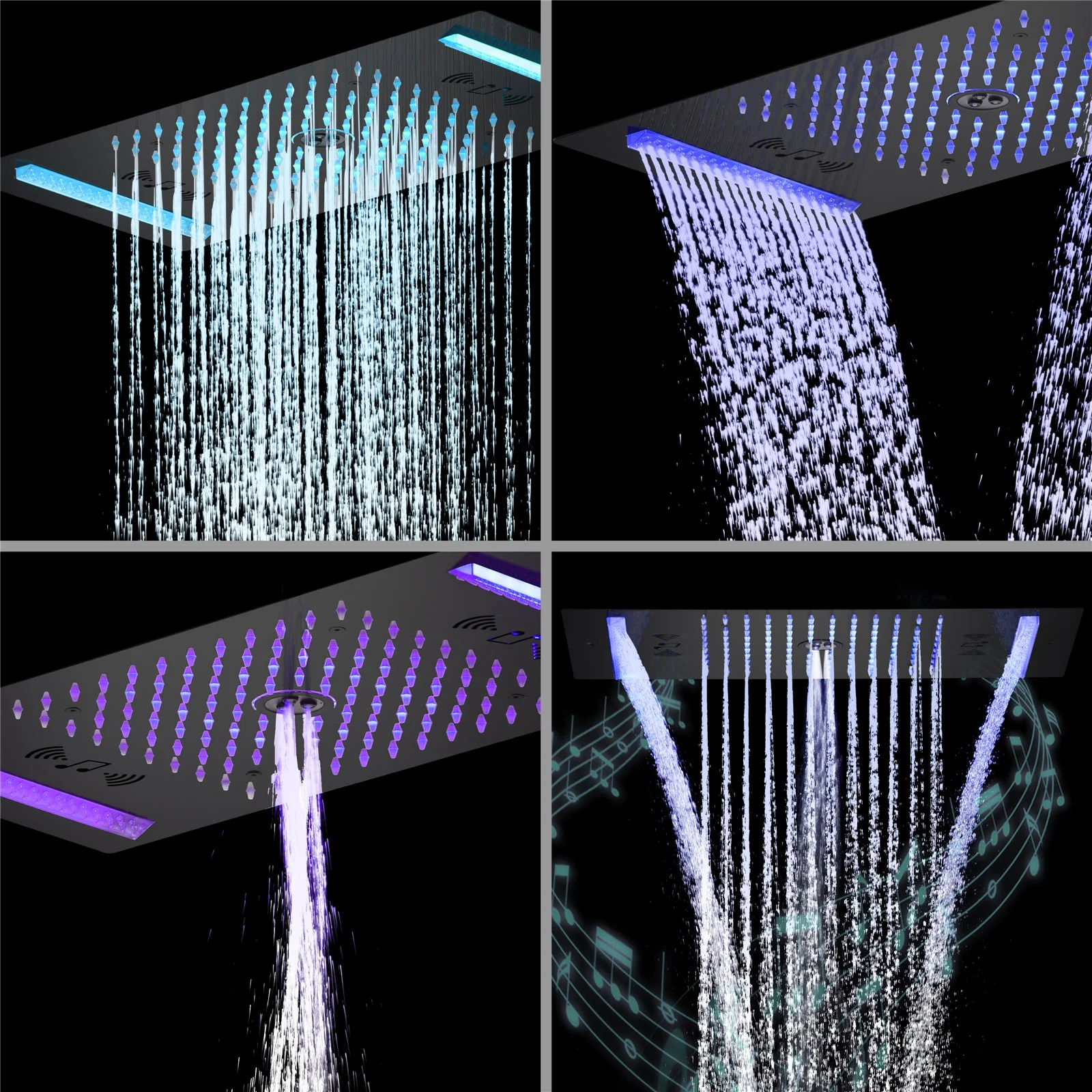 64 LED colors music led flushed in 24x12 inch 3 functions shower head 4 way thermostatic shower faucet ,4 finish colors options - Image 7