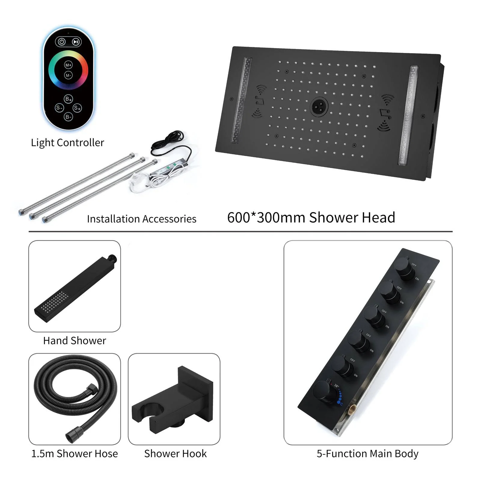 64 LED colors music led flushed in 24x12 inch 3 functions shower head 5 way thermostatic shower faucet with 6'' regular head 4 finish colors options - Image 12