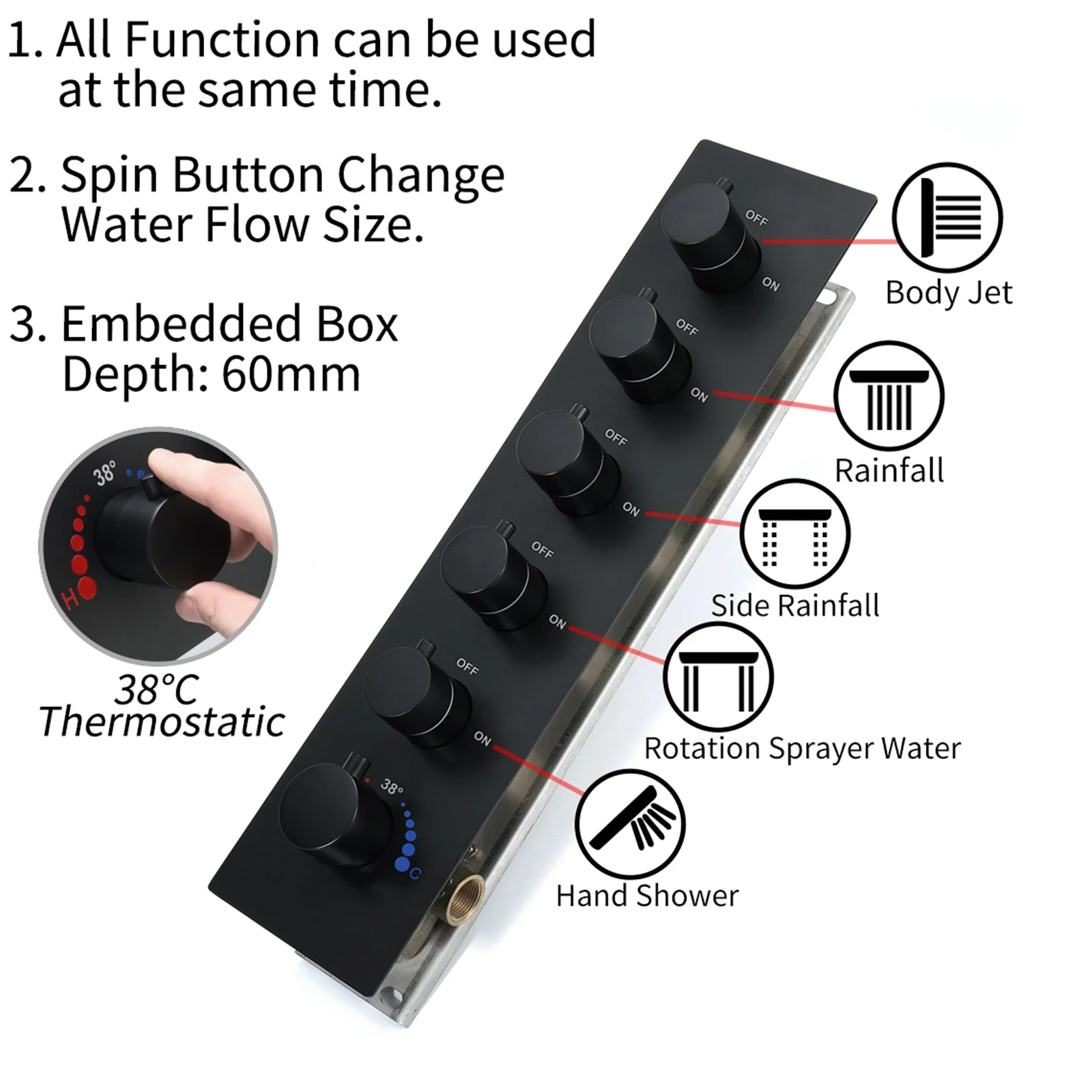 64 LED colors music led flushed in 24x12 inch 3 functions shower head 5 way thermostatic shower faucet with 6'' regular head 4 finish colors options - Image 13