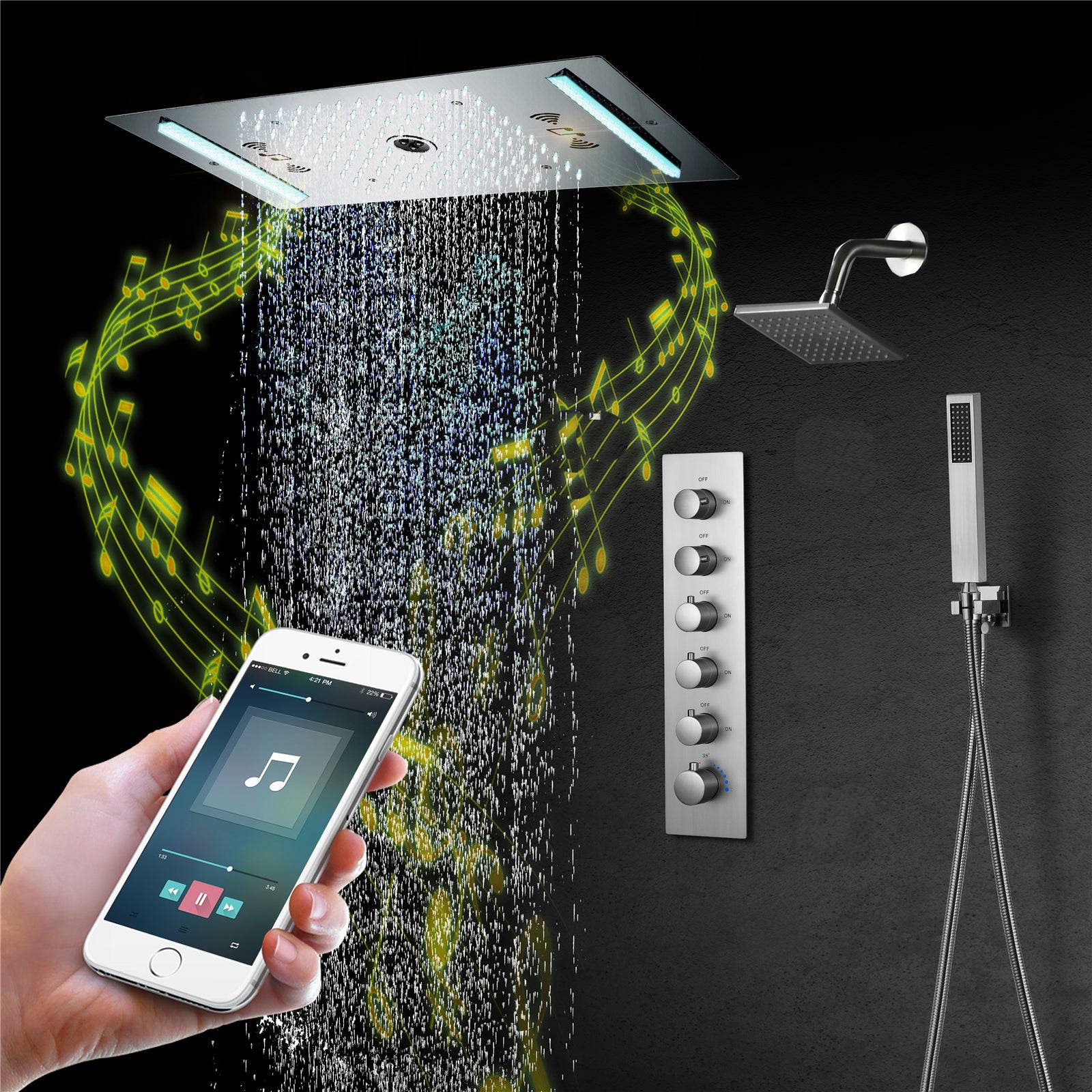 64 LED colors music led flushed in 24x12 inch 3 functions shower head 5 way thermostatic shower faucet with 6'' regular head 4 finish colors options - Image 15