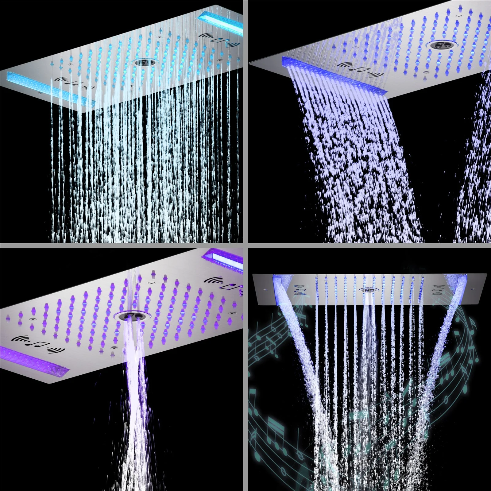 64 LED colors music led flushed in 24x12 inch 3 functions shower head 5 way thermostatic shower faucet with 6'' regular head 4 finish colors options - Image 16