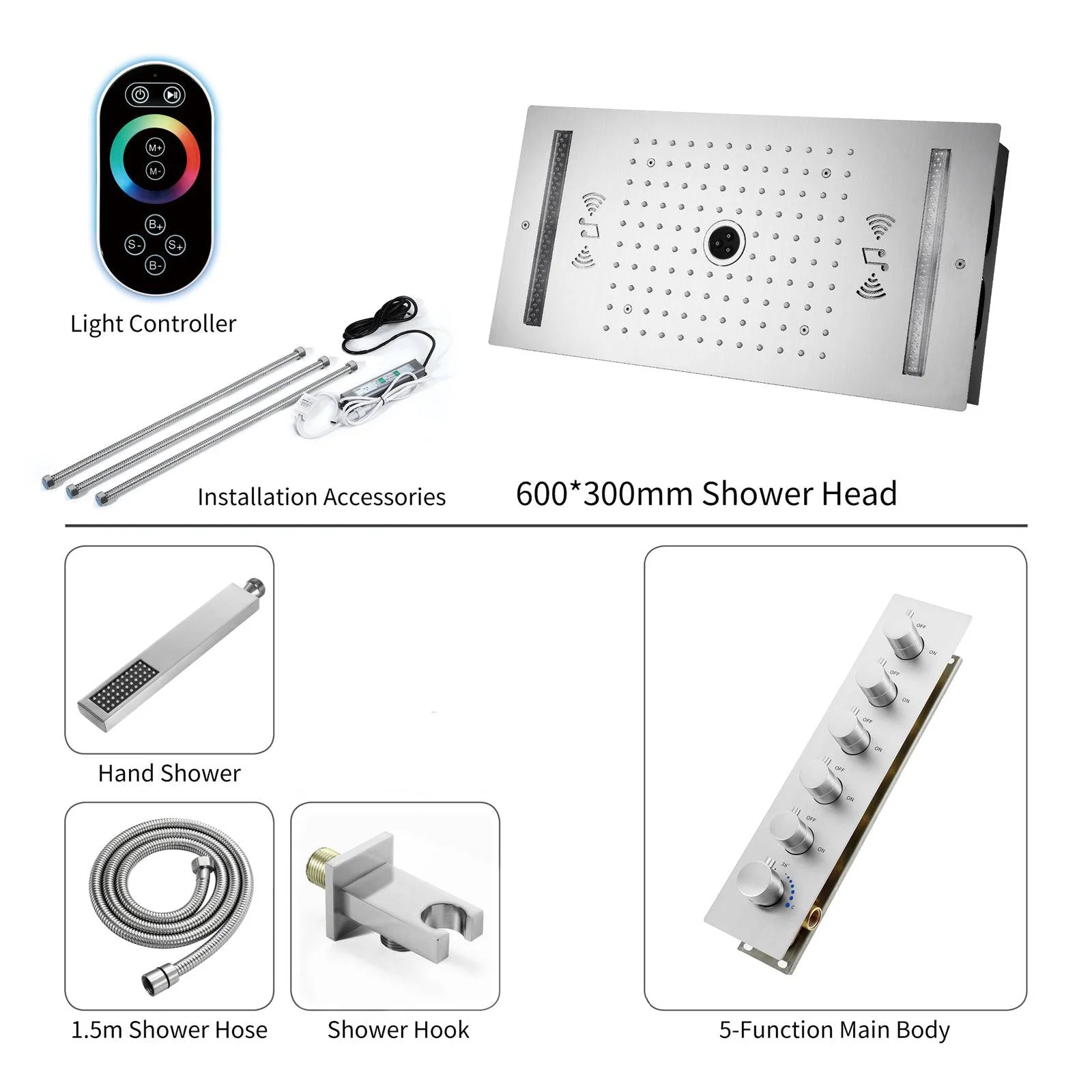 64 LED colors music led flushed in 24x12 inch 3 functions shower head 5 way thermostatic shower faucet with 6'' regular head 4 finish colors options - Image 18