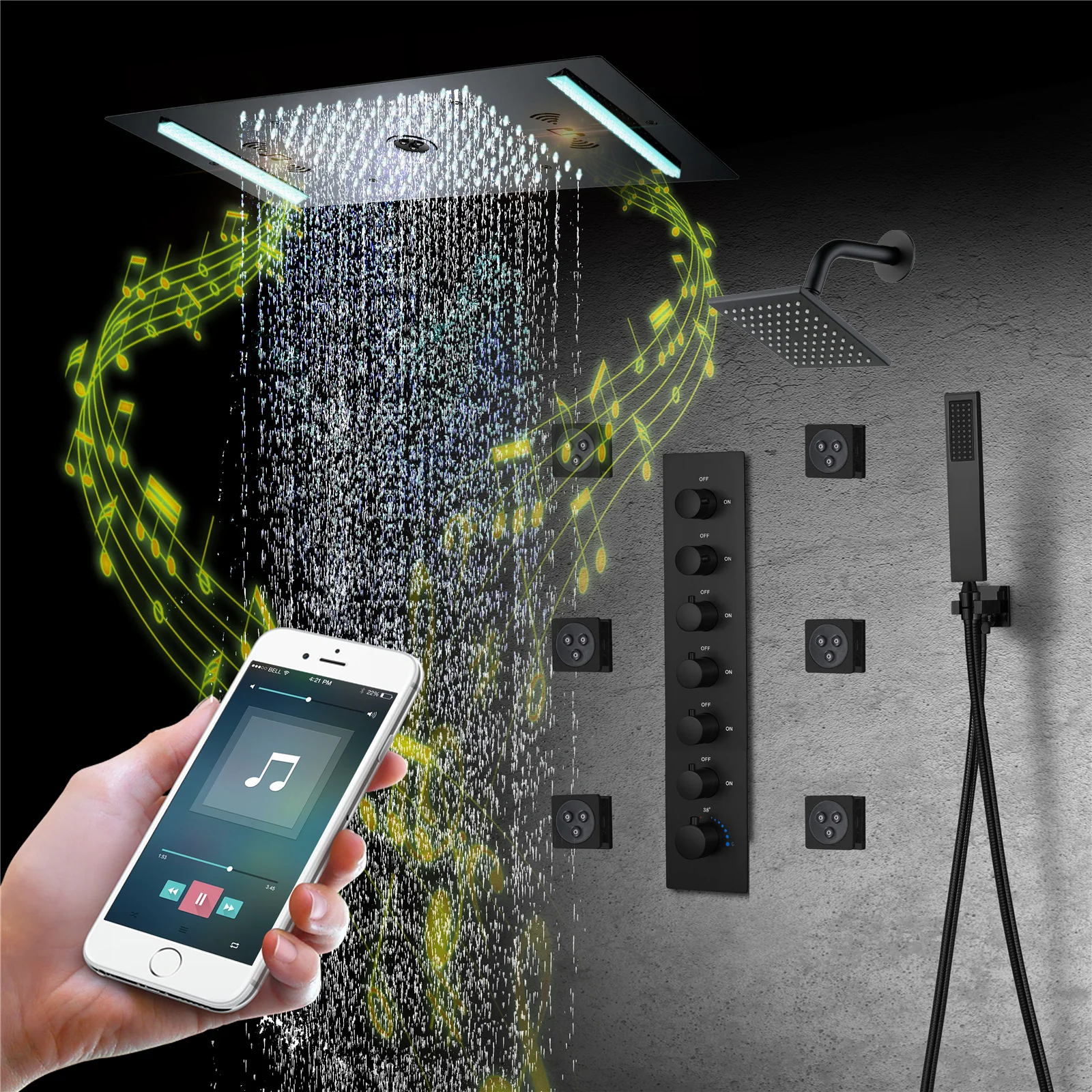 64 LED colors music led flushed in 24x12 inch 3 functions shower head 6 way thermostatic shower faucet with rotate-water massage body jets,4 finish colors options - Image 10