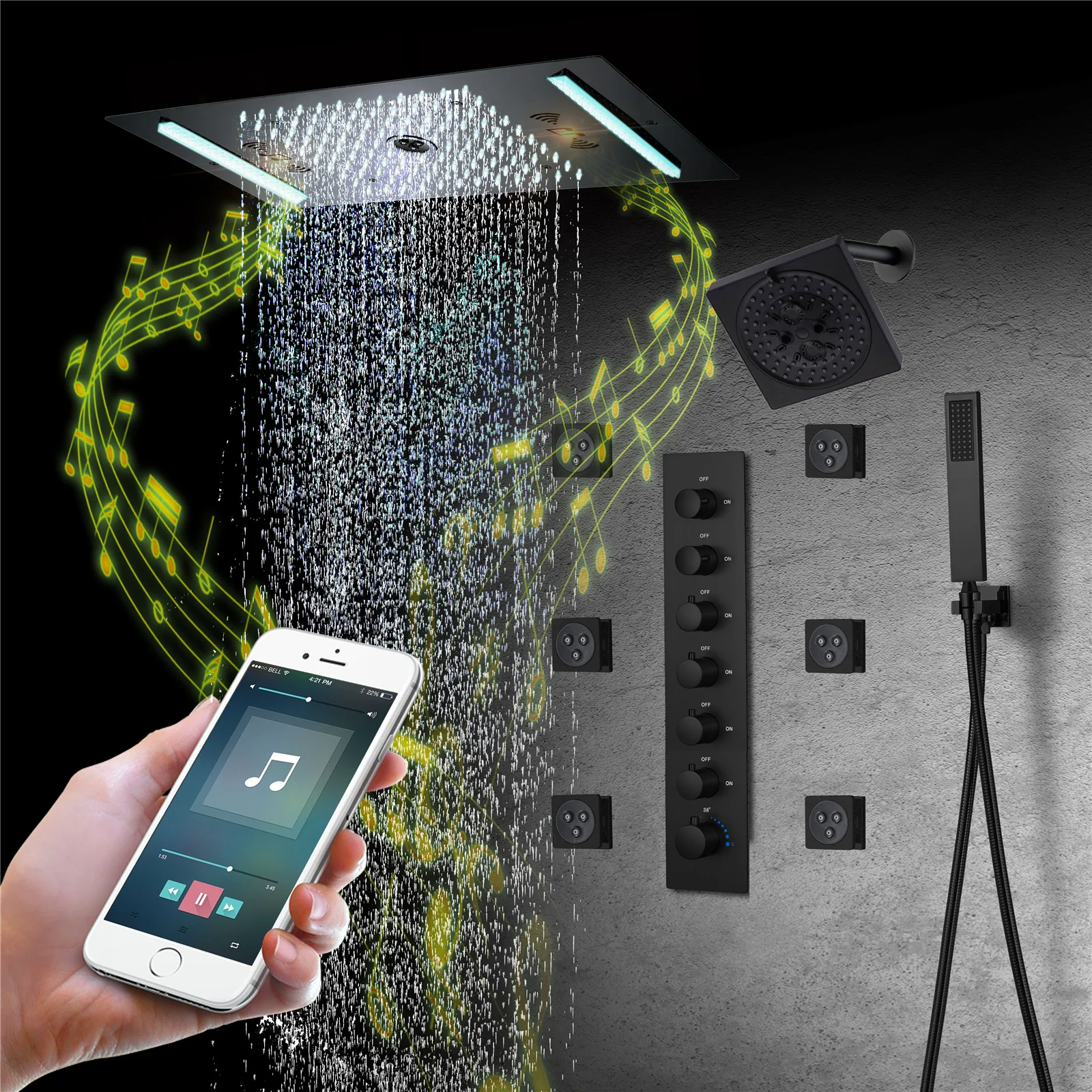 64 LED colors music led flushed in 24x12 inch 3 functions shower head 6 way thermostatic shower faucet with rotate-water massage body jets,4 finish colors options - Image 11