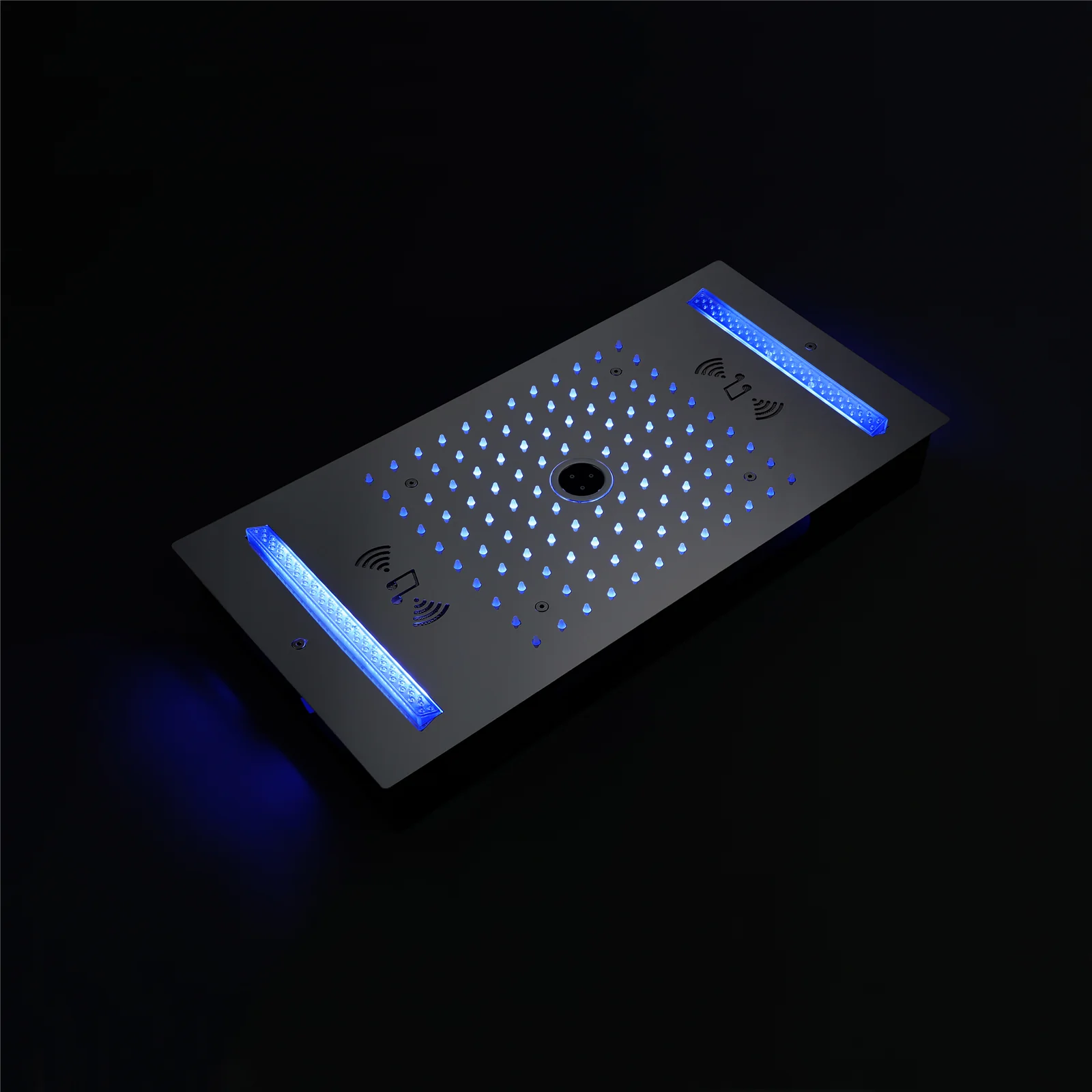 64 LED colors music led flushed in 24x12 inch 3 functions shower head 5 way thermostatic shower faucet with rotate-water massage body jets,4 finish colors options - Image 19