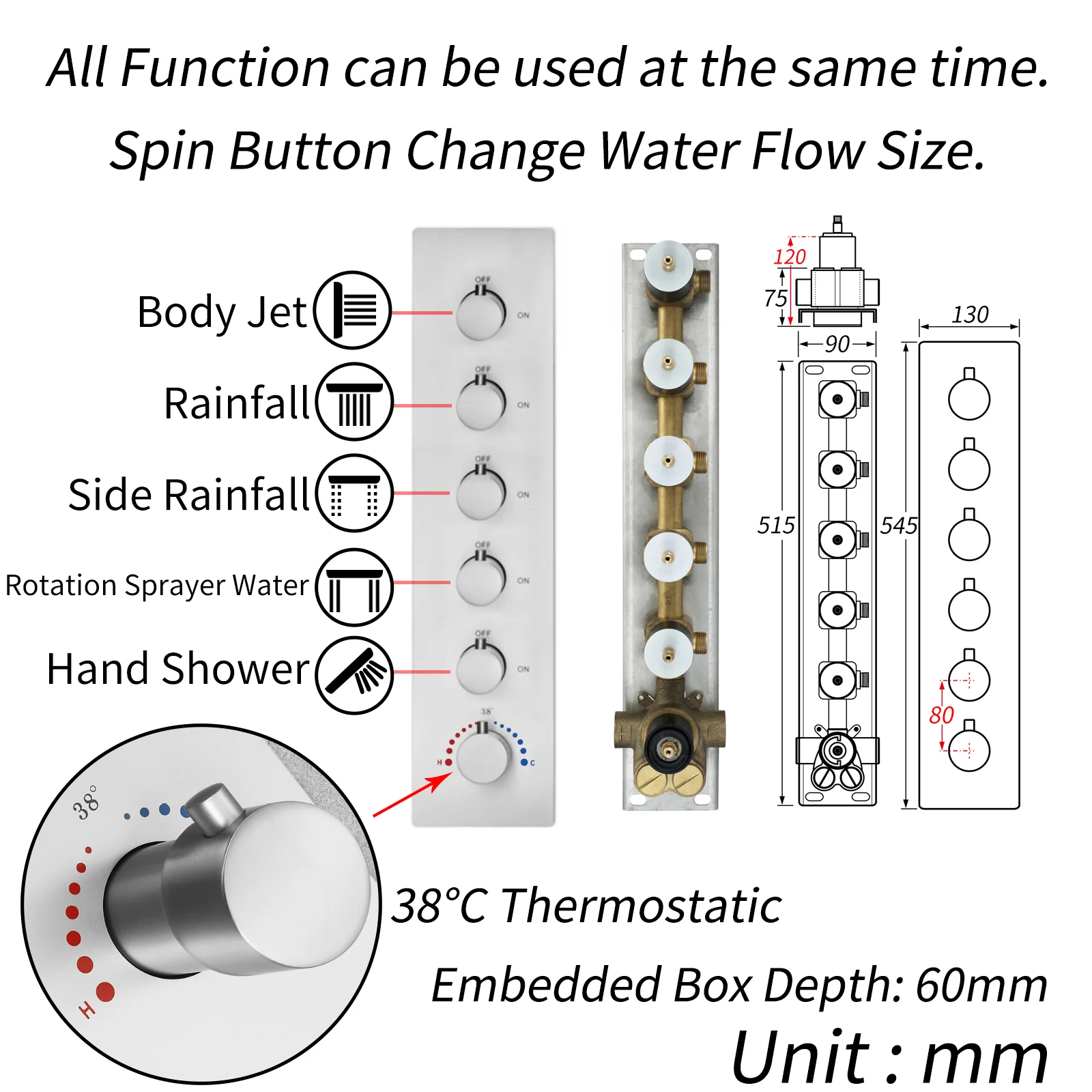 64 LED colors music led flushed in 24x12 inch 3 functions shower head 5 way thermostatic shower faucet with rotate-water massage body jets,4 finish colors options - Image 21