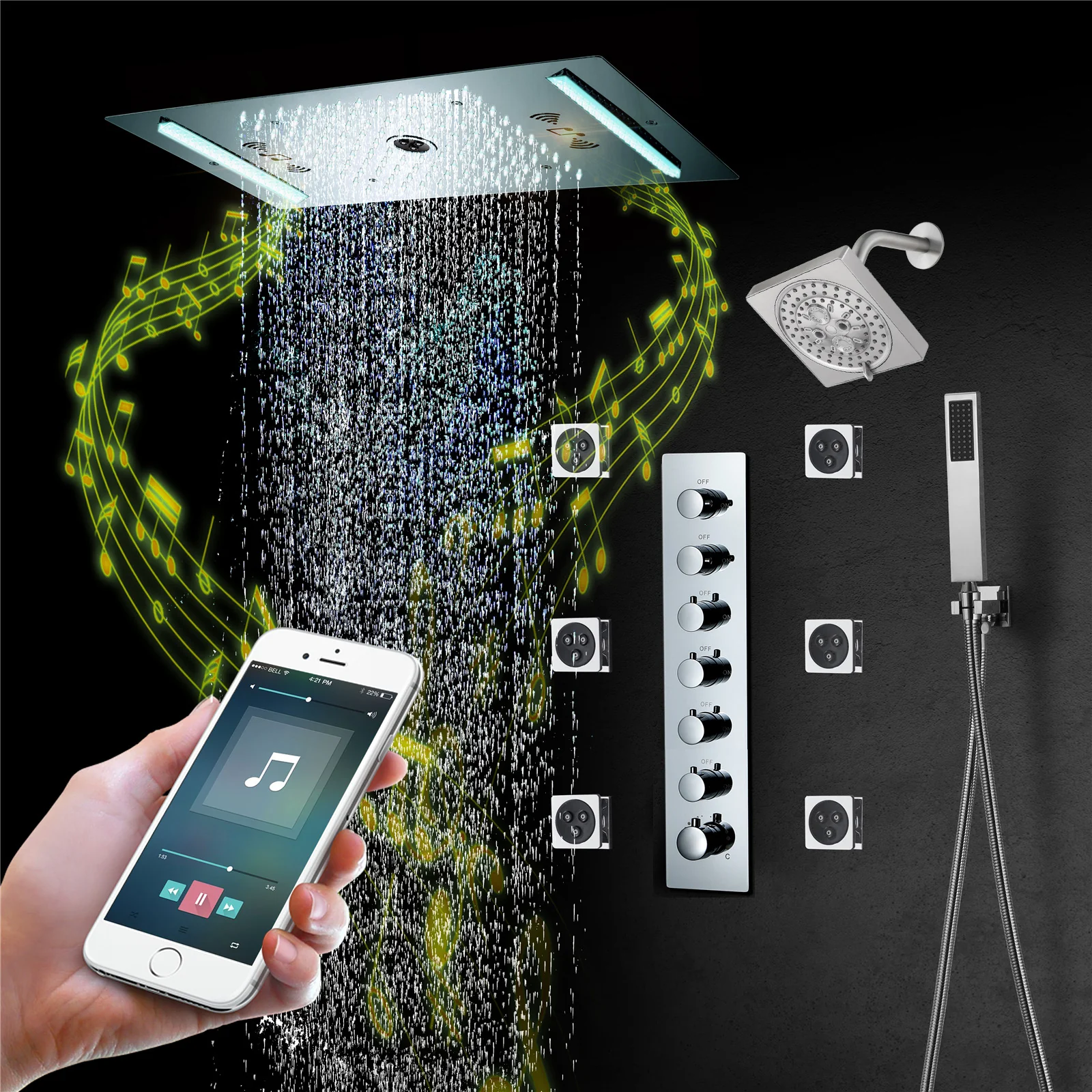 64 LED colors music led flushed in 24x12 inch 3 functions shower head 6 way thermostatic shower faucet with rotate-water massage body jets,4 finish colors options - Image 2
