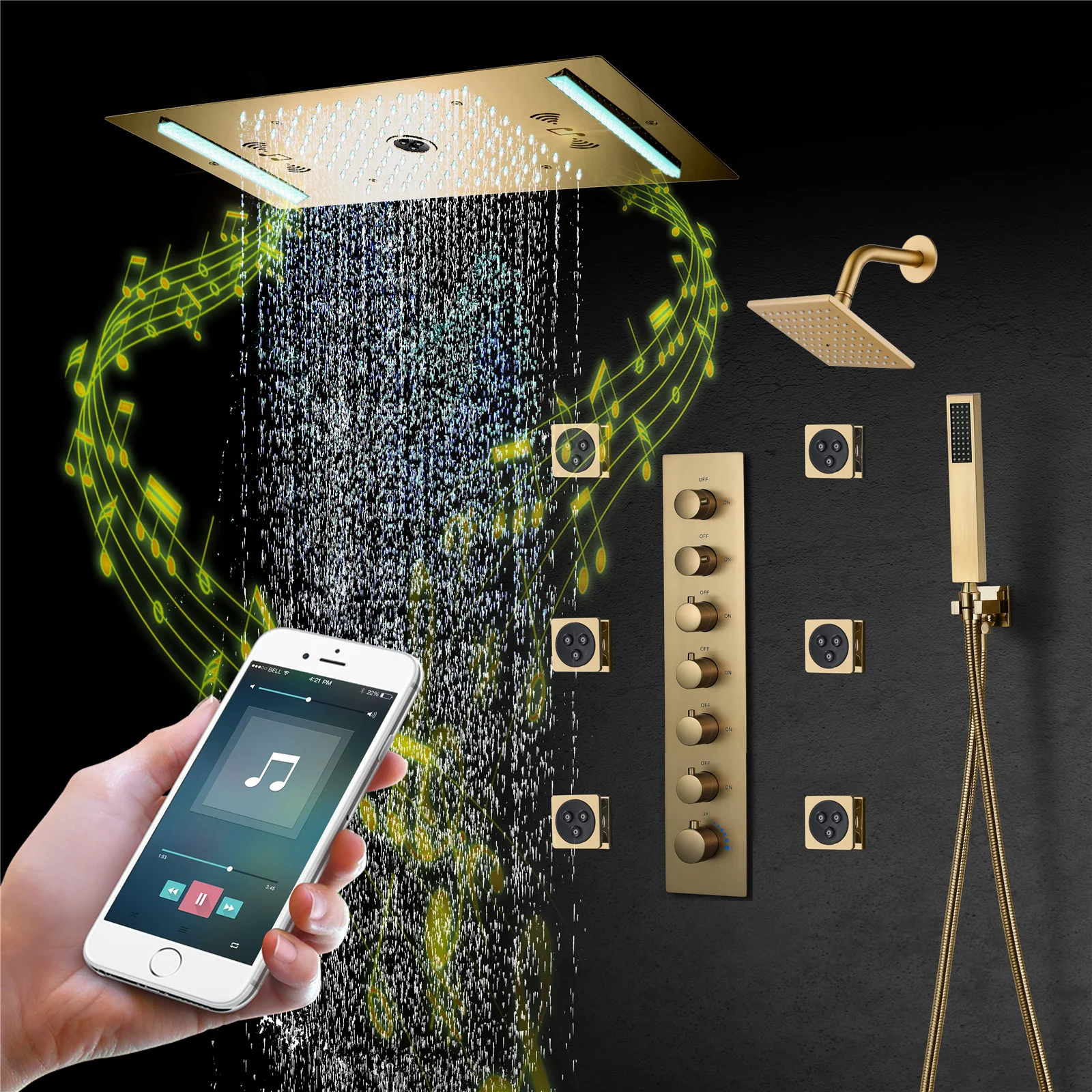 64 LED colors music led flushed in 24x12 inch 3 functions shower head 6 way thermostatic shower faucet with rotate-water massage body jets,4 finish colors options - Image 20