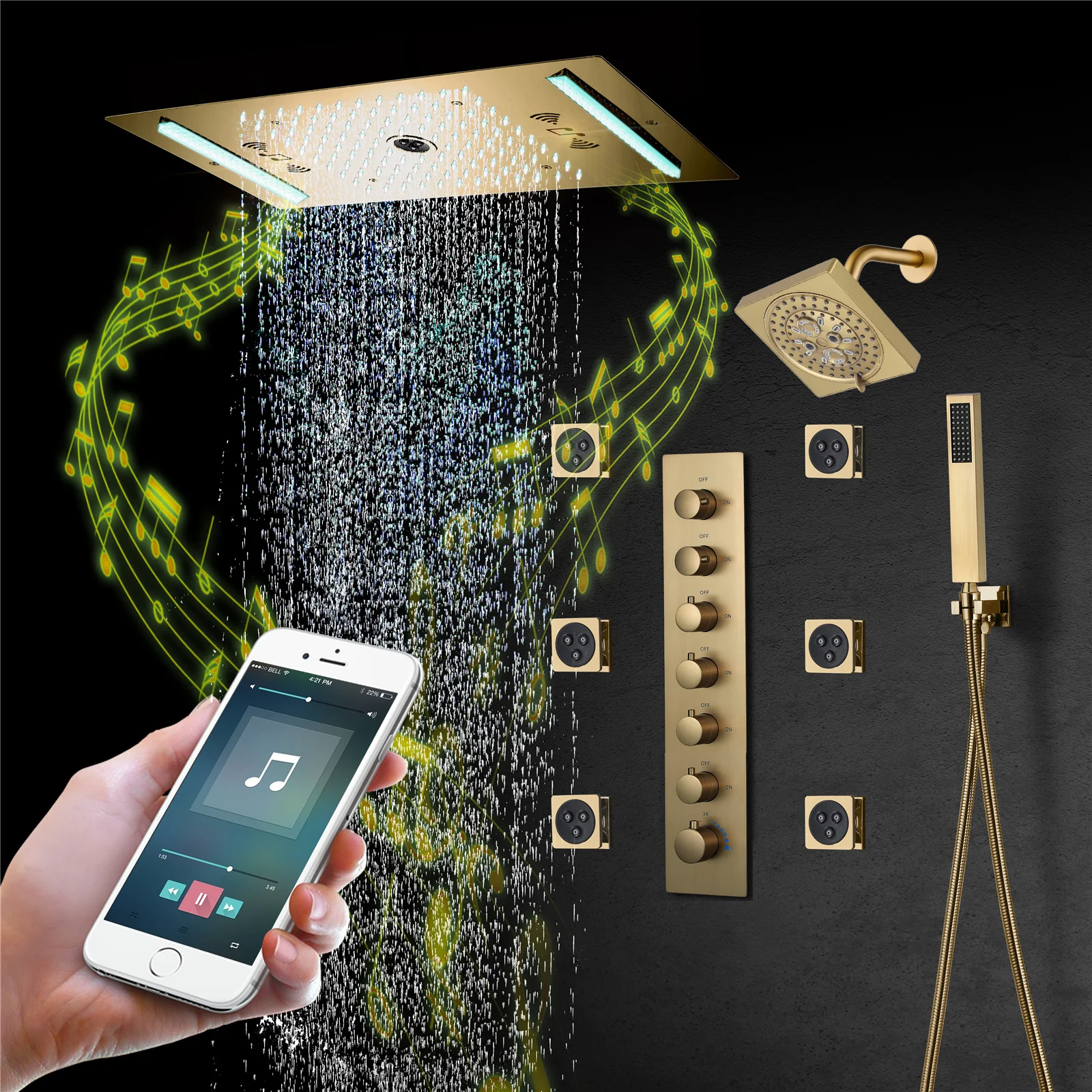 64 LED colors music led flushed in 24x12 inch 3 functions shower head 6 way thermostatic shower faucet with rotate-water massage body jets,4 finish colors options - Image 21