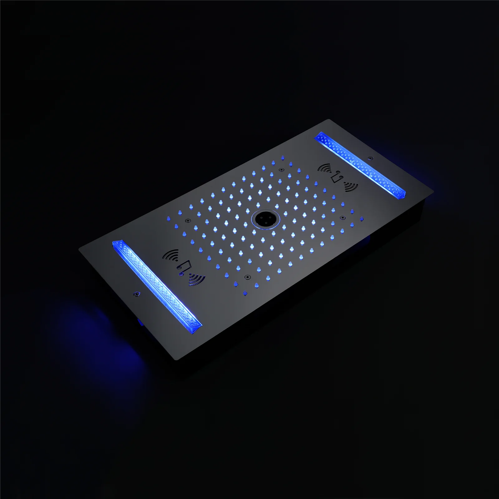 64 LED colors music led flushed in 24x12 inch 3 functions shower head 5 way thermostatic shower faucet with rotate-water massage body jets,4 finish colors options - Image 4