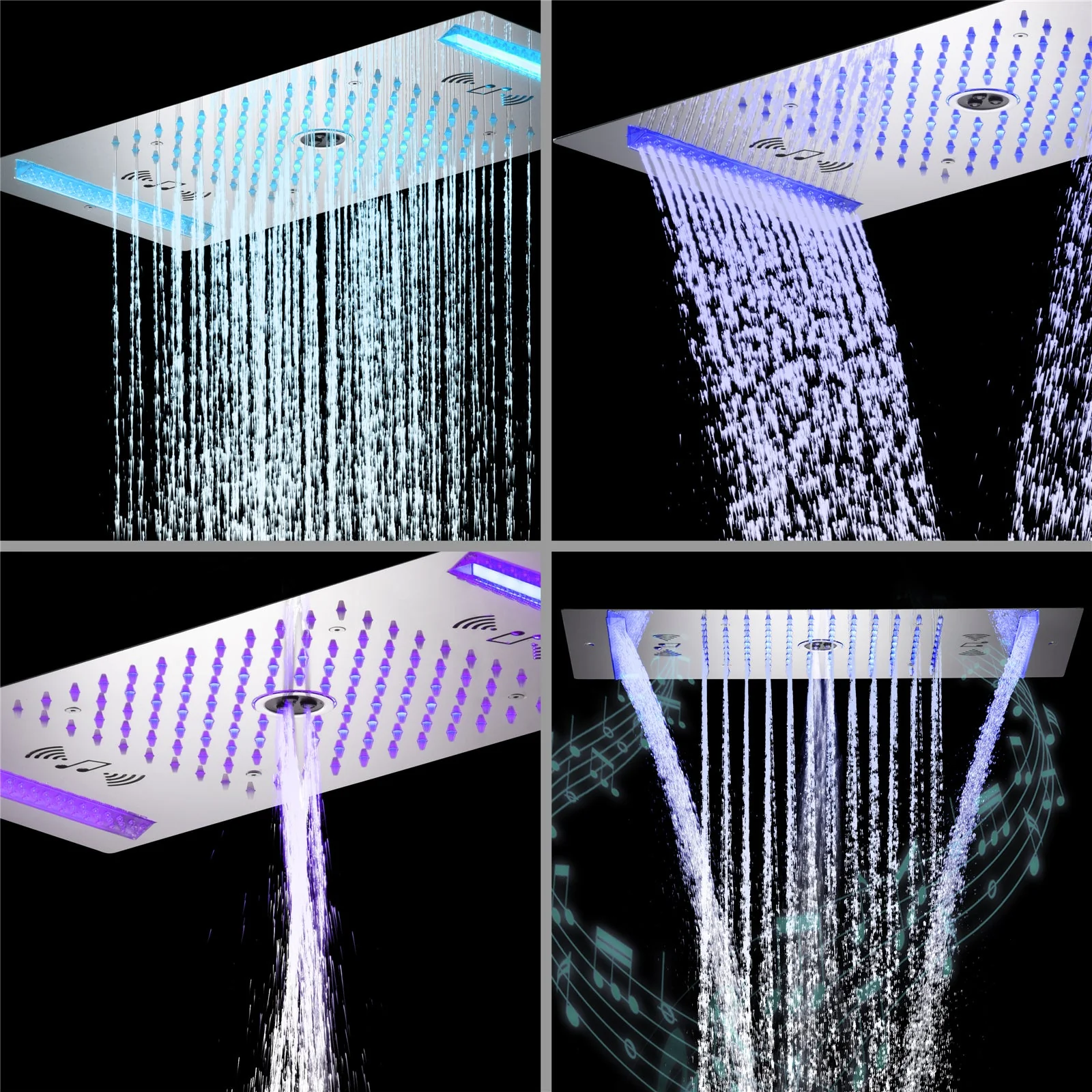 64 LED colors music led flushed in 24x12 inch 3 functions shower head 5 way thermostatic shower faucet with 6'' regular head 4 finish colors options - Image 2