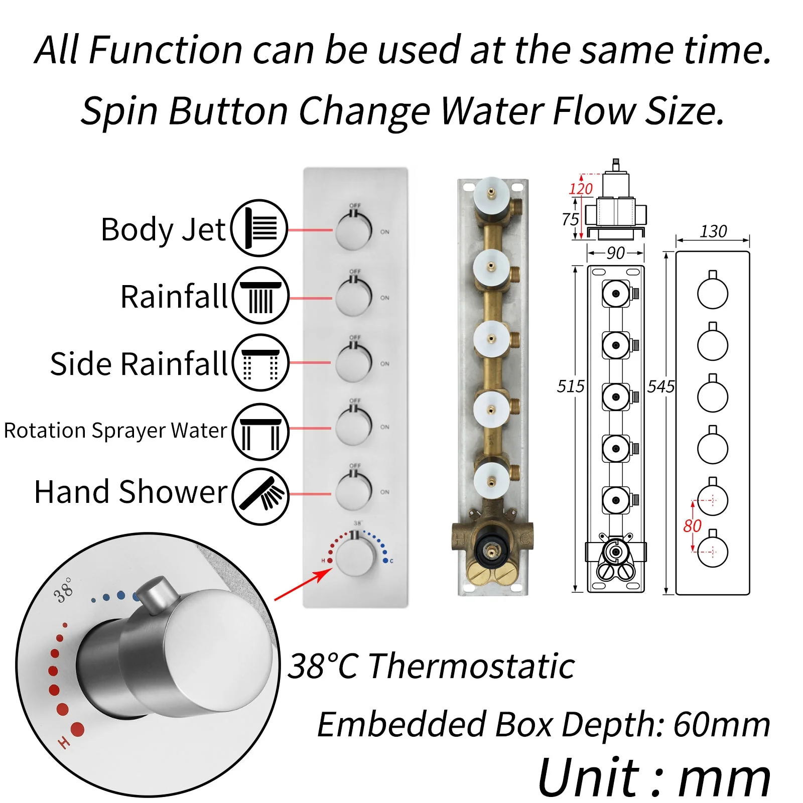 64 LED colors music led flushed in 24x12 inch 3 functions shower head 5 way thermostatic shower faucet with 6'' regular head 4 finish colors options - Image 20