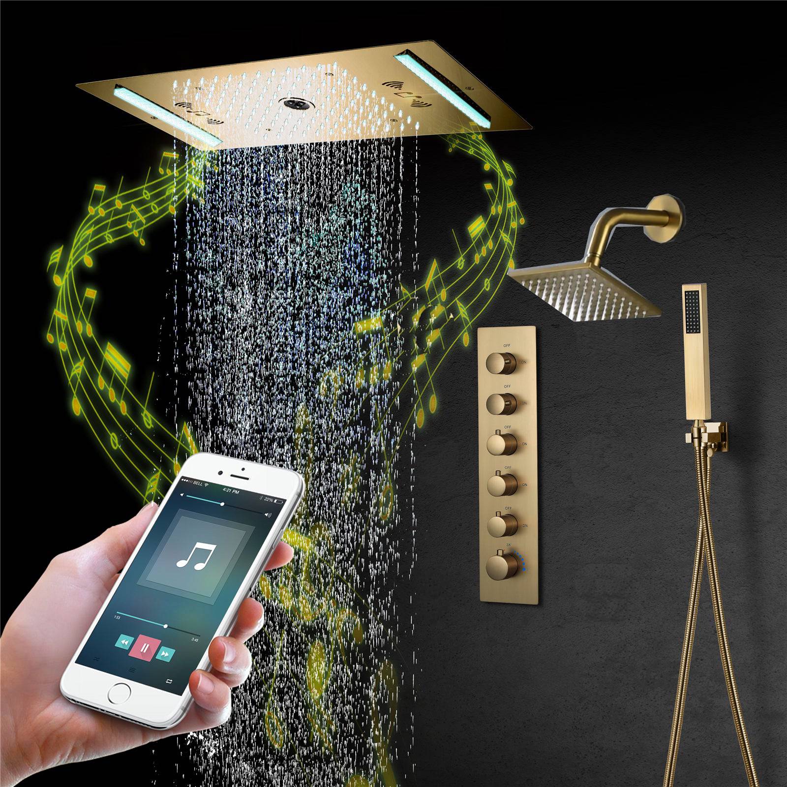 64 LED colors music led flushed in 24x12 inch 3 functions shower head 5 way thermostatic shower faucet with 6'' regular head 4 finish colors options - Image 22