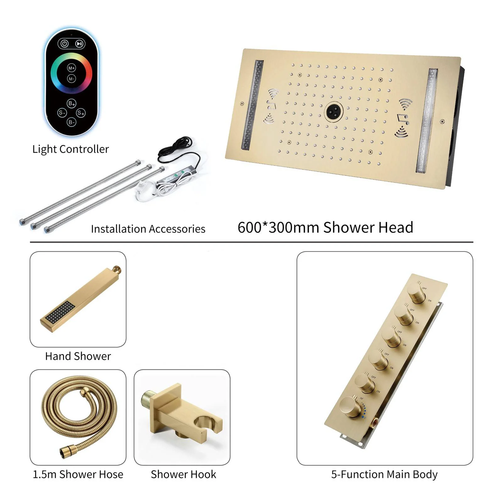 64 LED colors music led flushed in 24x12 inch 3 functions shower head 5 way thermostatic shower faucet with 6'' regular head 4 finish colors options - Image 26