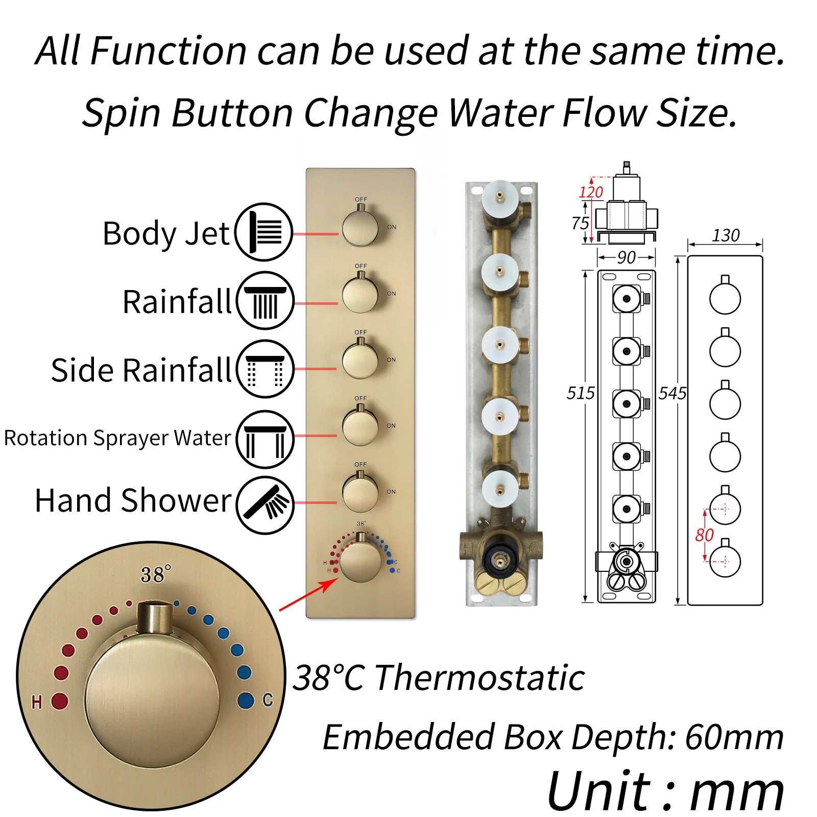 64 LED colors music led flushed in 24x12 inch 3 functions shower head 5 way thermostatic shower faucet with 6'' regular head 4 finish colors options - Image 27