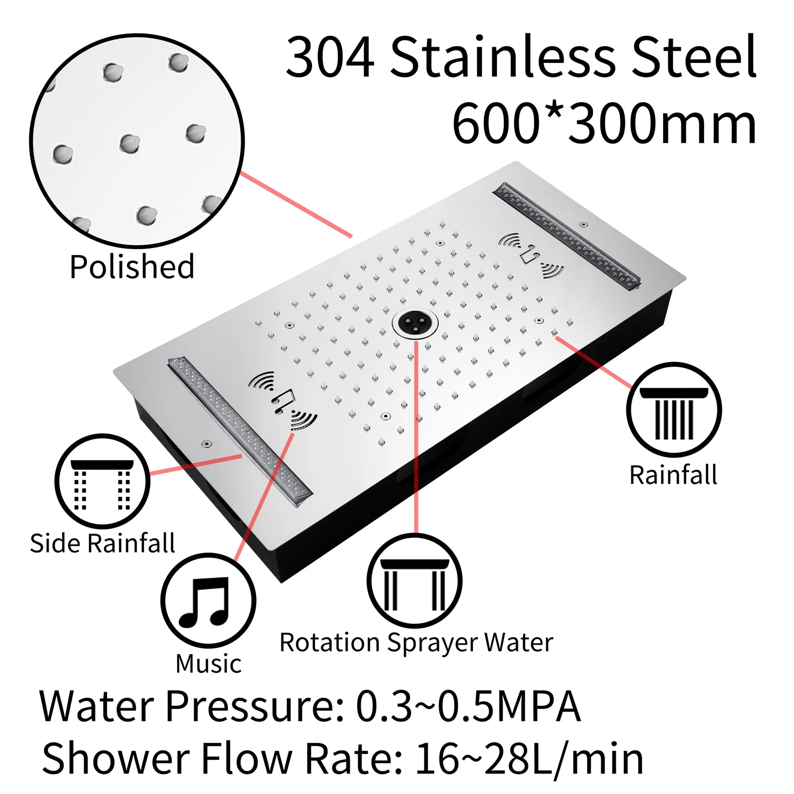 64 LED colors music led flushed in 24x12 inch 3 functions shower head 5 way thermostatic shower faucet with 6'' regular head 4 finish colors options - Image 4