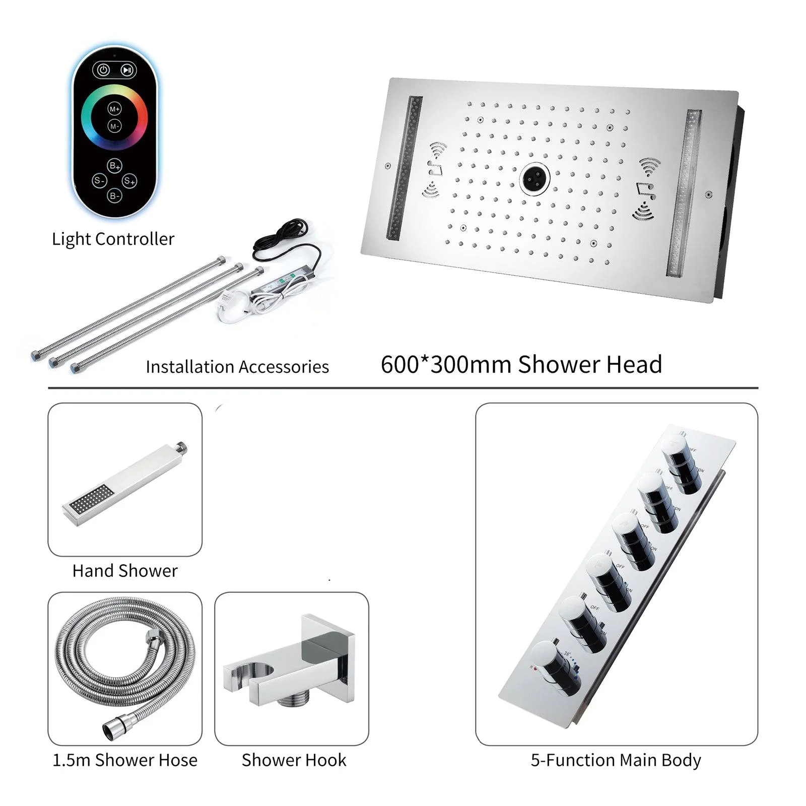 64 LED colors music led flushed in 24x12 inch 3 functions shower head 5 way thermostatic shower faucet with 6'' regular head 4 finish colors options - Image 5