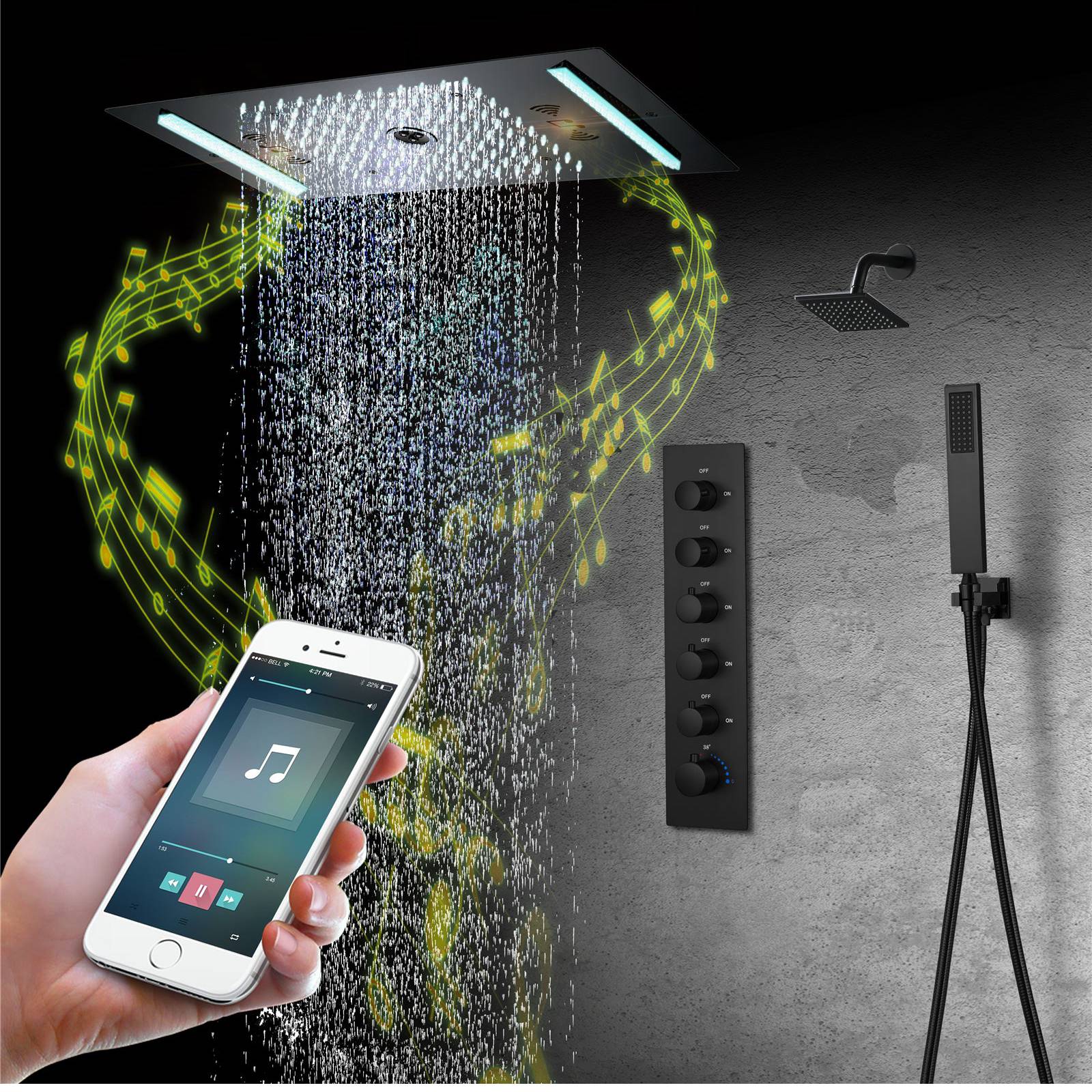 64 LED colors music led flushed in 24x12 inch 3 functions shower head 5 way thermostatic shower faucet with 6'' regular head 4 finish colors options - Image 8