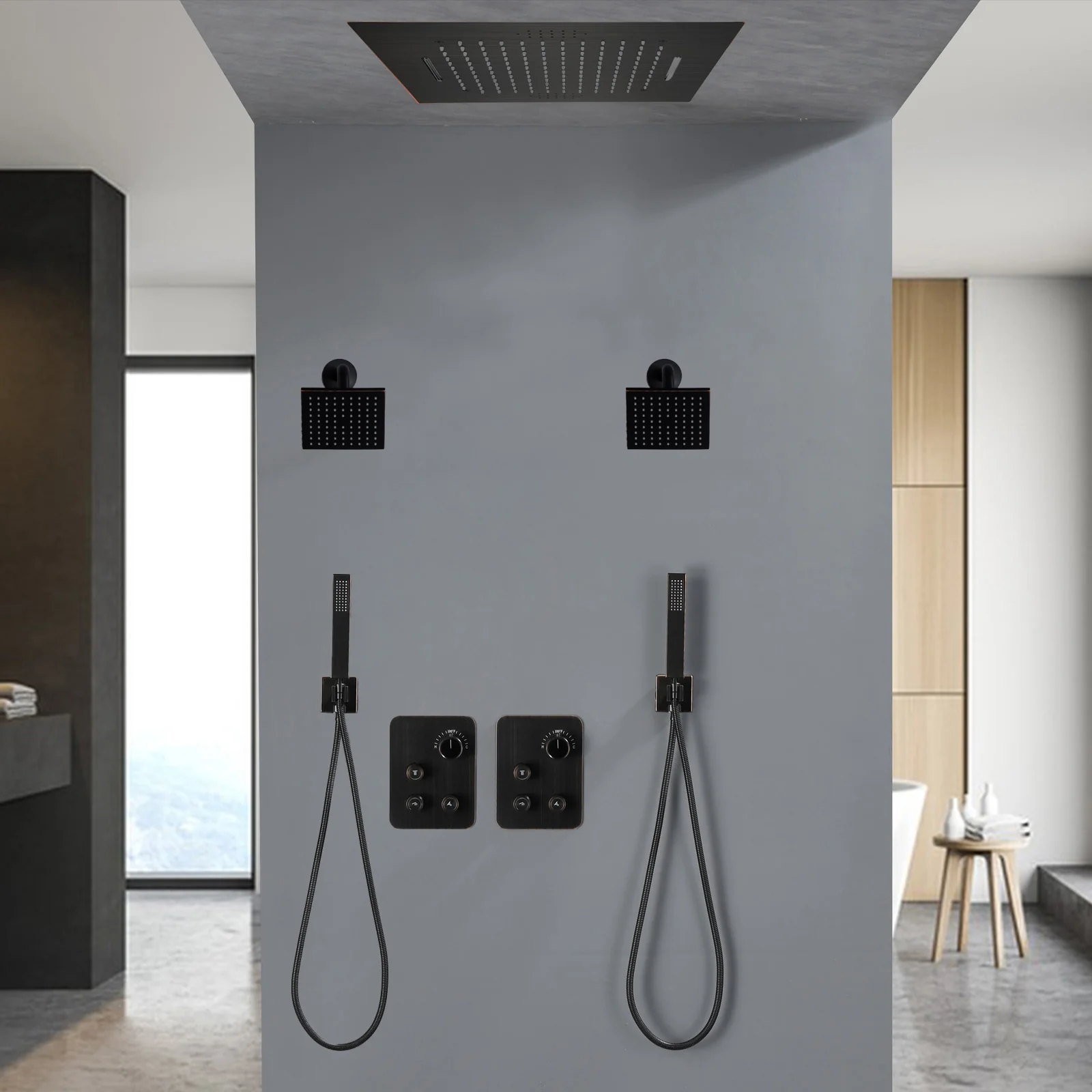 64 LED light Bluetooth Music 20-inch Rainfall Waterfall Flush Mounted Oil Rubbed Bronze 6-Way Thermostatic Shower Faucet System With Dual Regular Heads And Dual Handle Wands - Image 3