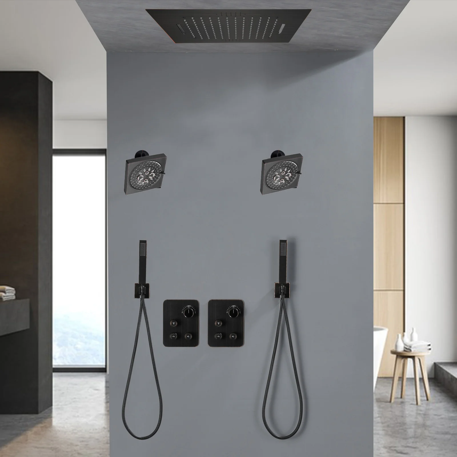 64 LED light Bluetooth Music 20-inch Rainfall Waterfall Flush Mounted Oil Rubbed Bronze 6-Way Thermostatic Shower Faucet System With Dual Regular Heads And Dual Handle Wands - Image 4