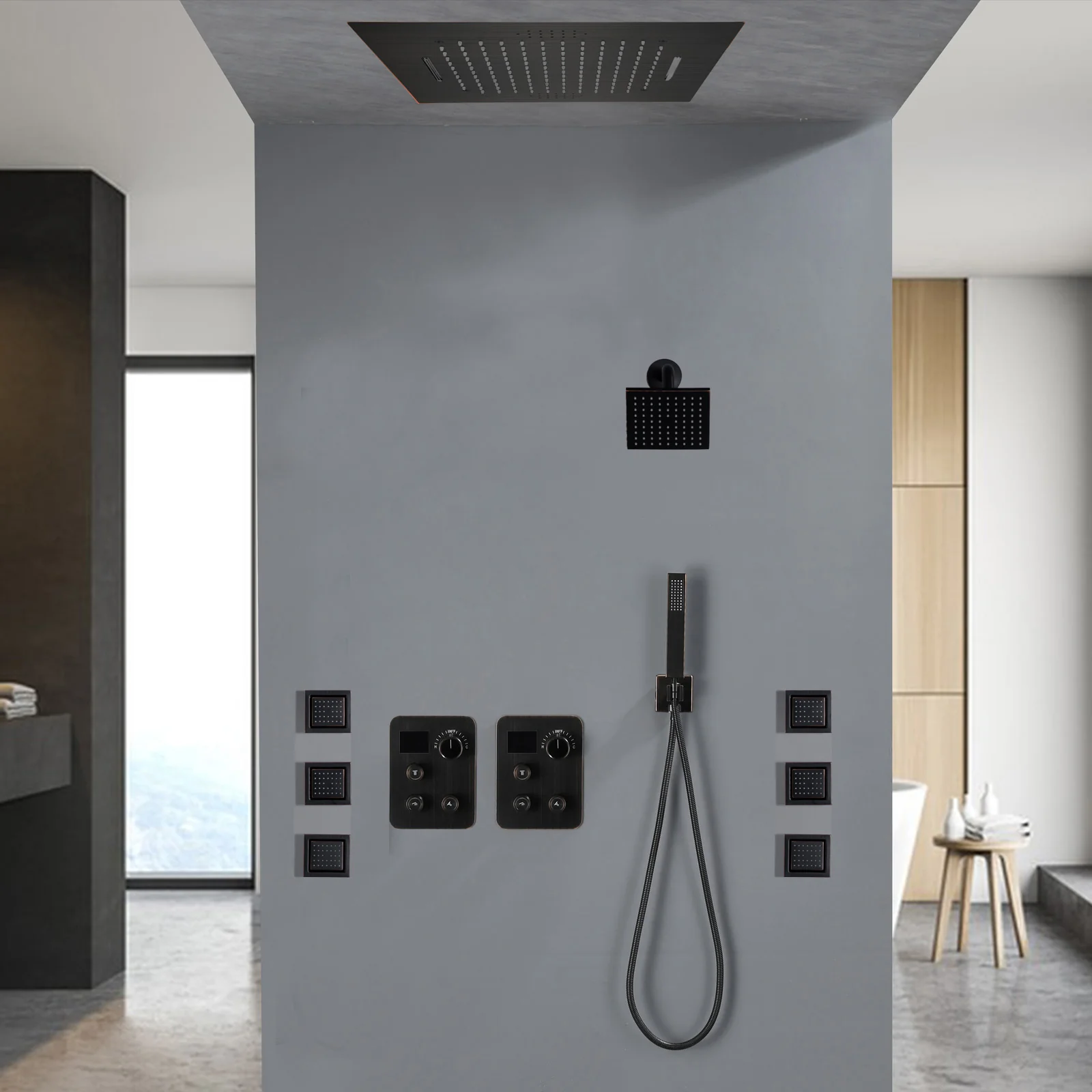 64 LED light Bluetooth Music 20-inch Rainfall Waterfall Flush Mounted Oil Rubbed Bronze 6-Way Thermostatic Shower Faucet System With Regular Heads And Handle Wand,Body Jets