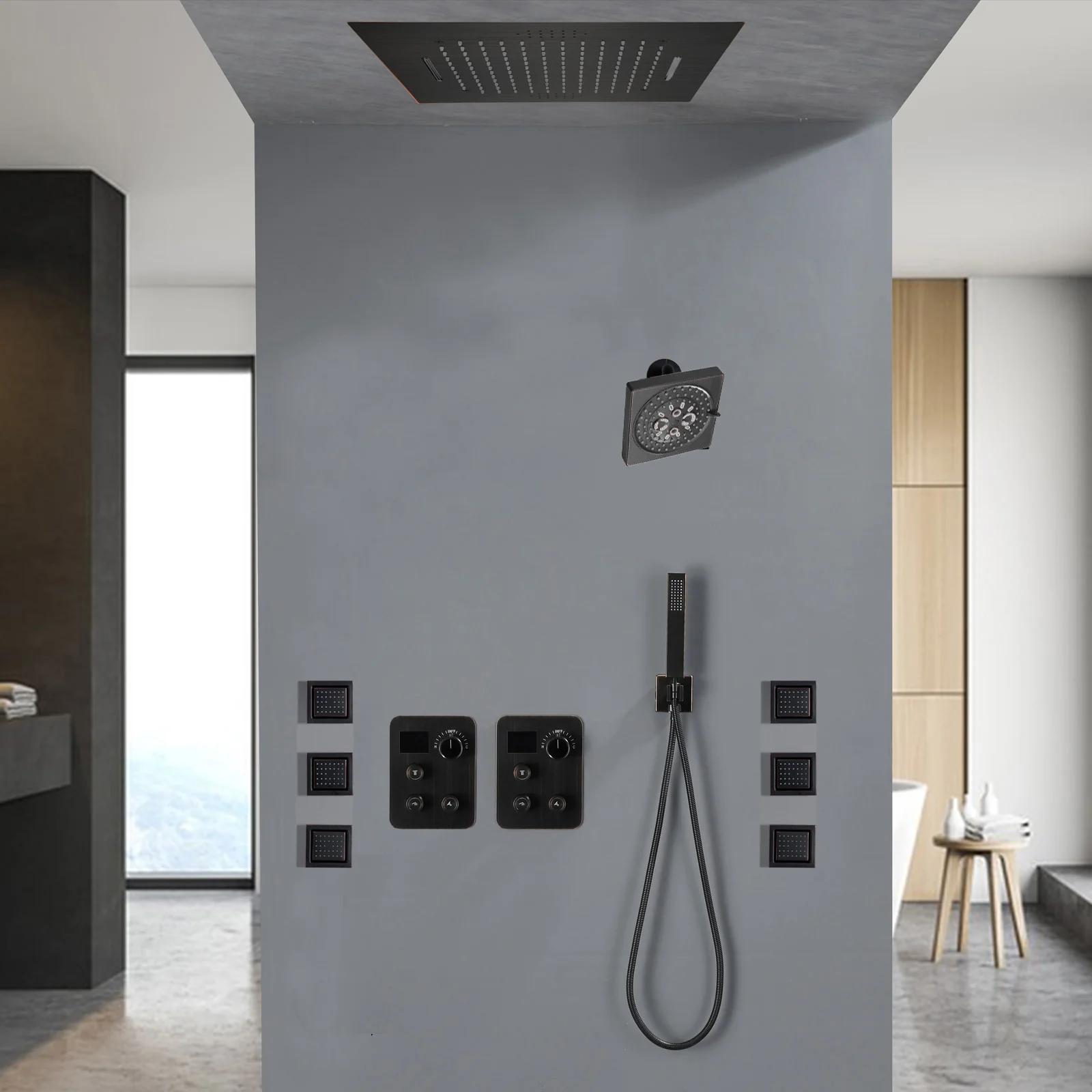 64 LED light Bluetooth Music 20-inch Rainfall Waterfall Flush Mounted Oil Rubbed Bronze 6-Way Thermostatic Shower Faucet System With Regular Heads And Handle Wand,Body Jets - Image 2