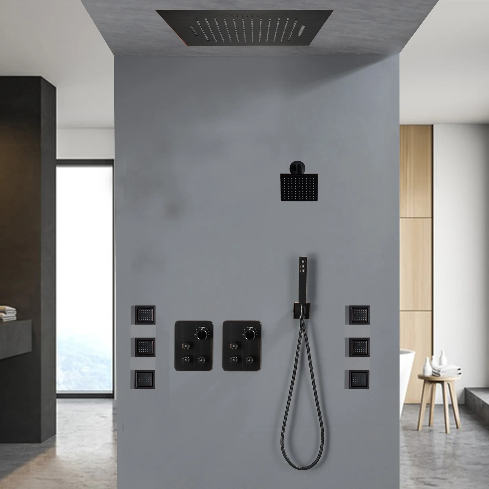 64 LED light Bluetooth Music 20-inch Rainfall Waterfall Flush Mounted Oil Rubbed Bronze 6-Way Thermostatic Shower Faucet System With Regular Heads And Handle Wand,Body Jets - Image 3