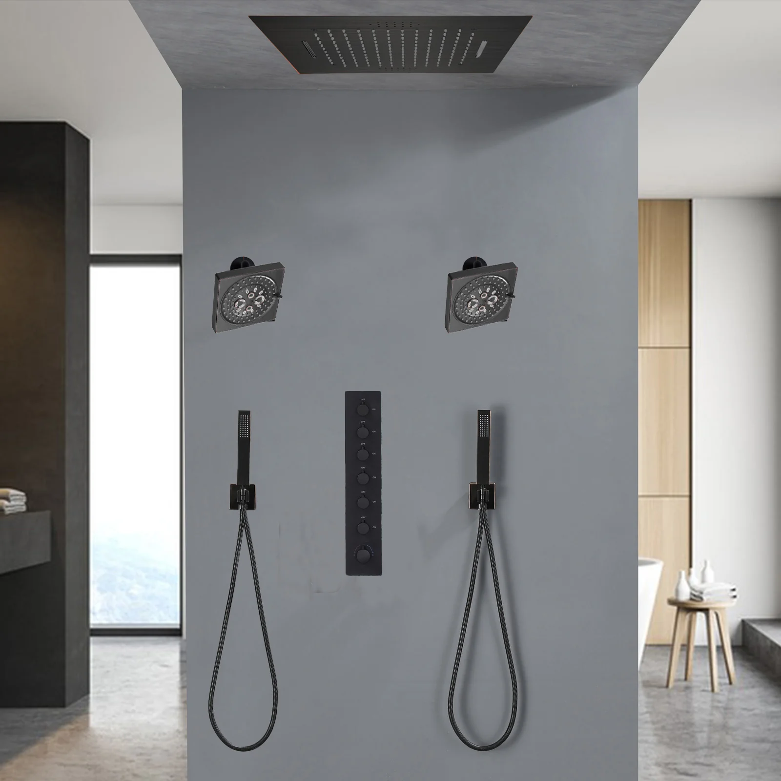 64 LED light Bluetooth Music 20-inch Rainfall Waterfall Flush Mounted Oil Rubbed Bronze 6-Way Thermostatic Shower Faucet System With Dual Regular Heads And Dual Handle Wands - Image 2