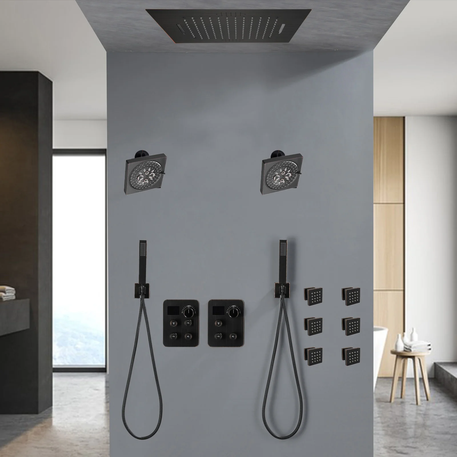 64 LED light Bluetooth Music 20-inch Rainfall Waterfall Flush Mounted Oil Rubbed Bronze 7-Way Thermostatic Shower Faucet System With Dual Regular Heads And Dual Handle Wands And 6 Body Jets - Image 2