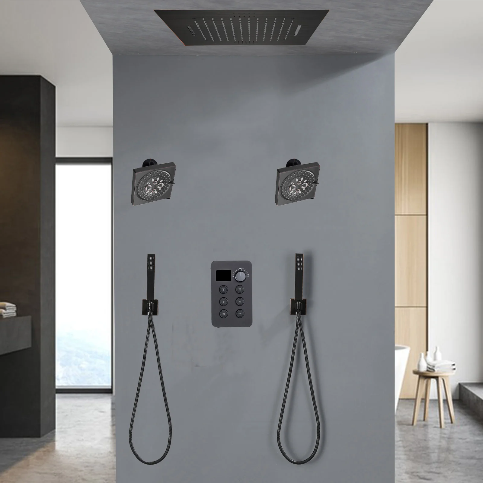 64 LED light Bluetooth Music 20-inch Rainfall Waterfall Flush Mounted Oil Rubbed Bronze 6-Way Thermostatic Shower Faucet System With Dual Regular Heads And Dual Handle Wands - Image 2