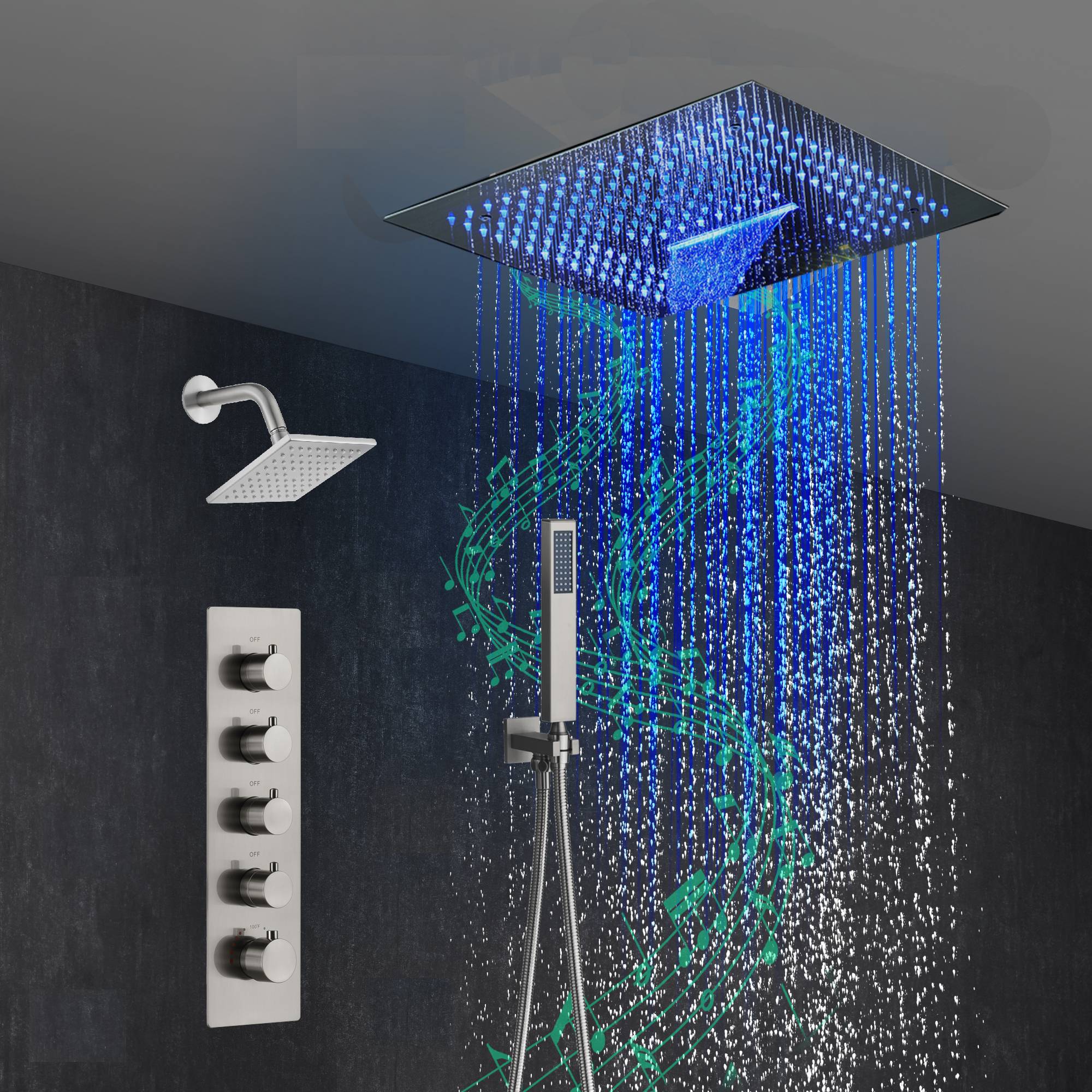 16-Inch Brushed Gold or brushed nickel or matte black Flush Mount rainfall waterfall Shower Faucet Set: 4-Way Thermostatic Control, 64-Color LED Lights, Bluetooth Music, and Regular Head - Image 14