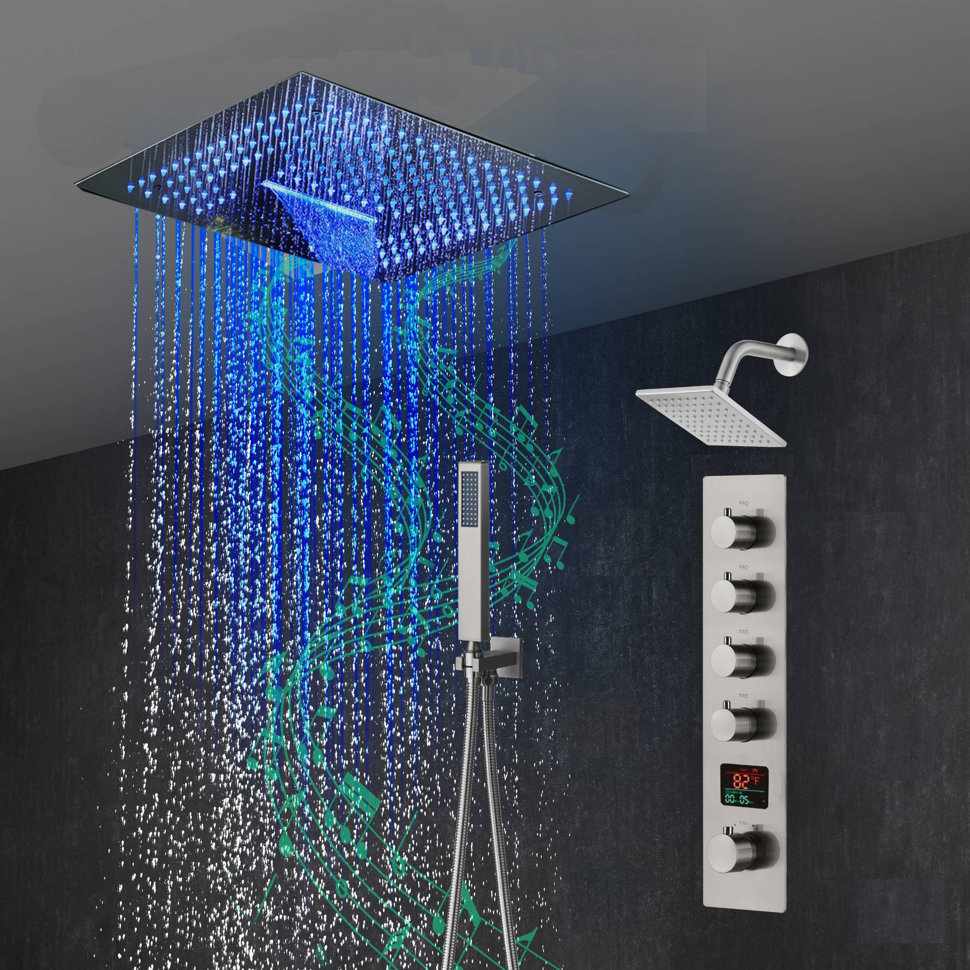 16-Inch Brushed Gold or brushed nickel or matte black Flush Mount rainfall waterfall Shower Faucet Set: 4-Way Thermostatic Control, 64-Color LED Lights, Bluetooth Music, and Regular Head - Image 15