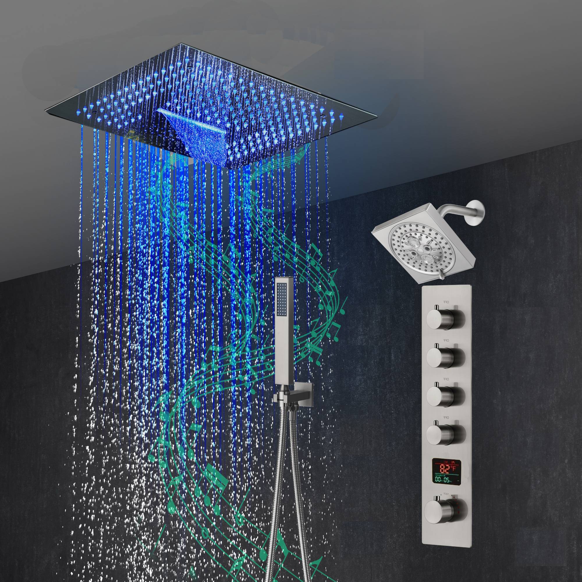 16-Inch Brushed Gold or brushed nickel or matte black Flush Mount rainfall waterfall Shower Faucet Set: 4-Way Thermostatic Control, 64-Color LED Lights, Bluetooth Music, and Regular Head - Image 16